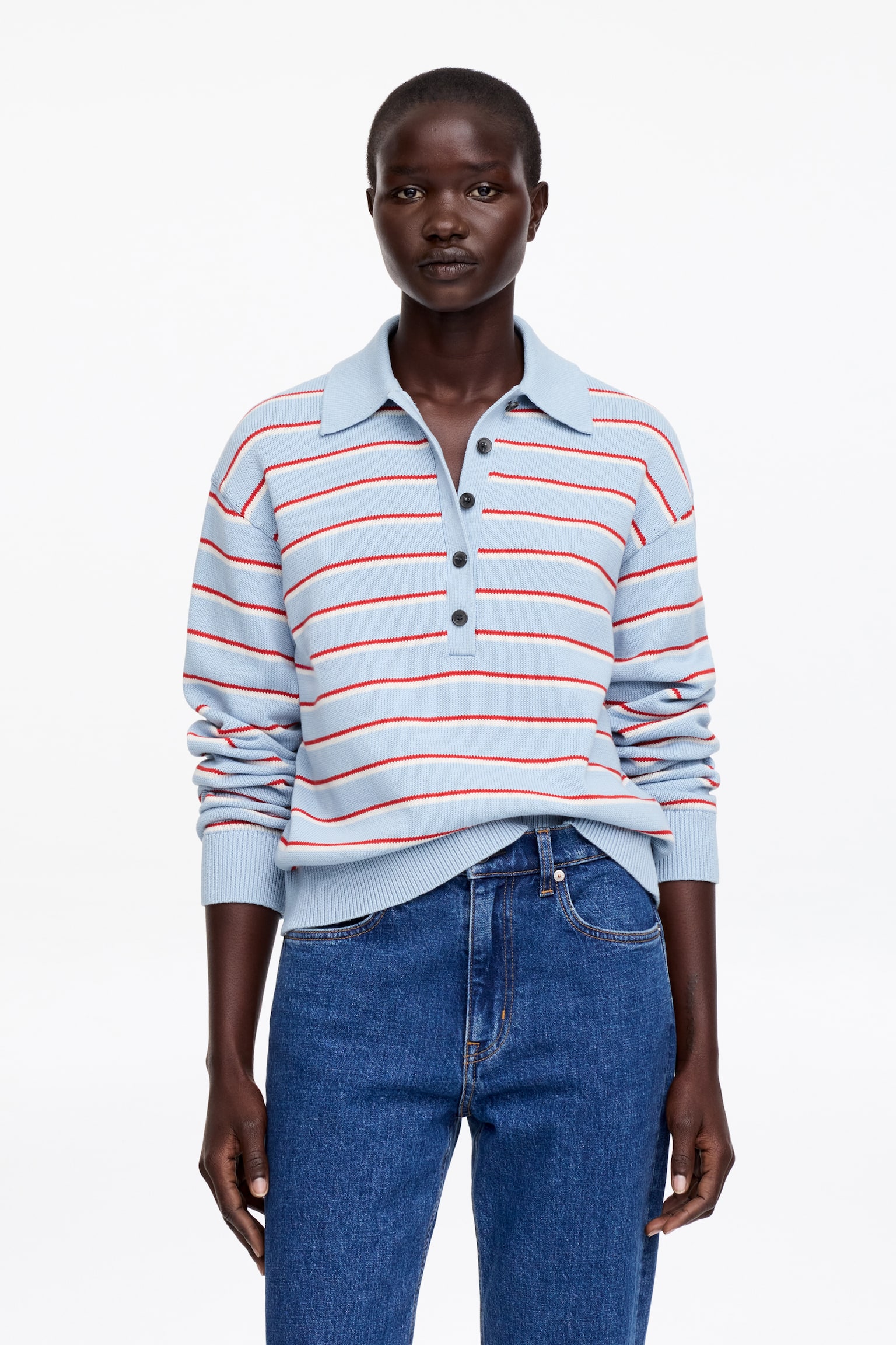 Stickad pikétröja - Blå/Röd/Vit/Beige/Randig - 1