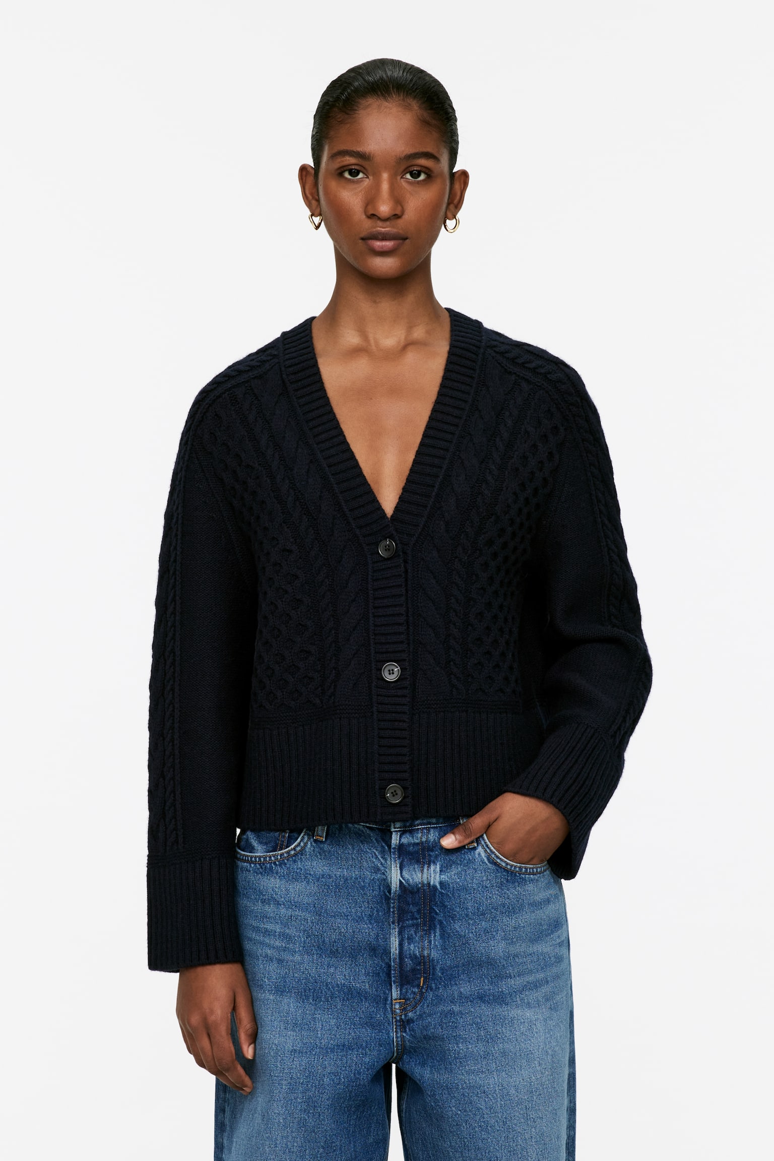 Cable-Knit Wool Cardigan - Dark Blue - 1