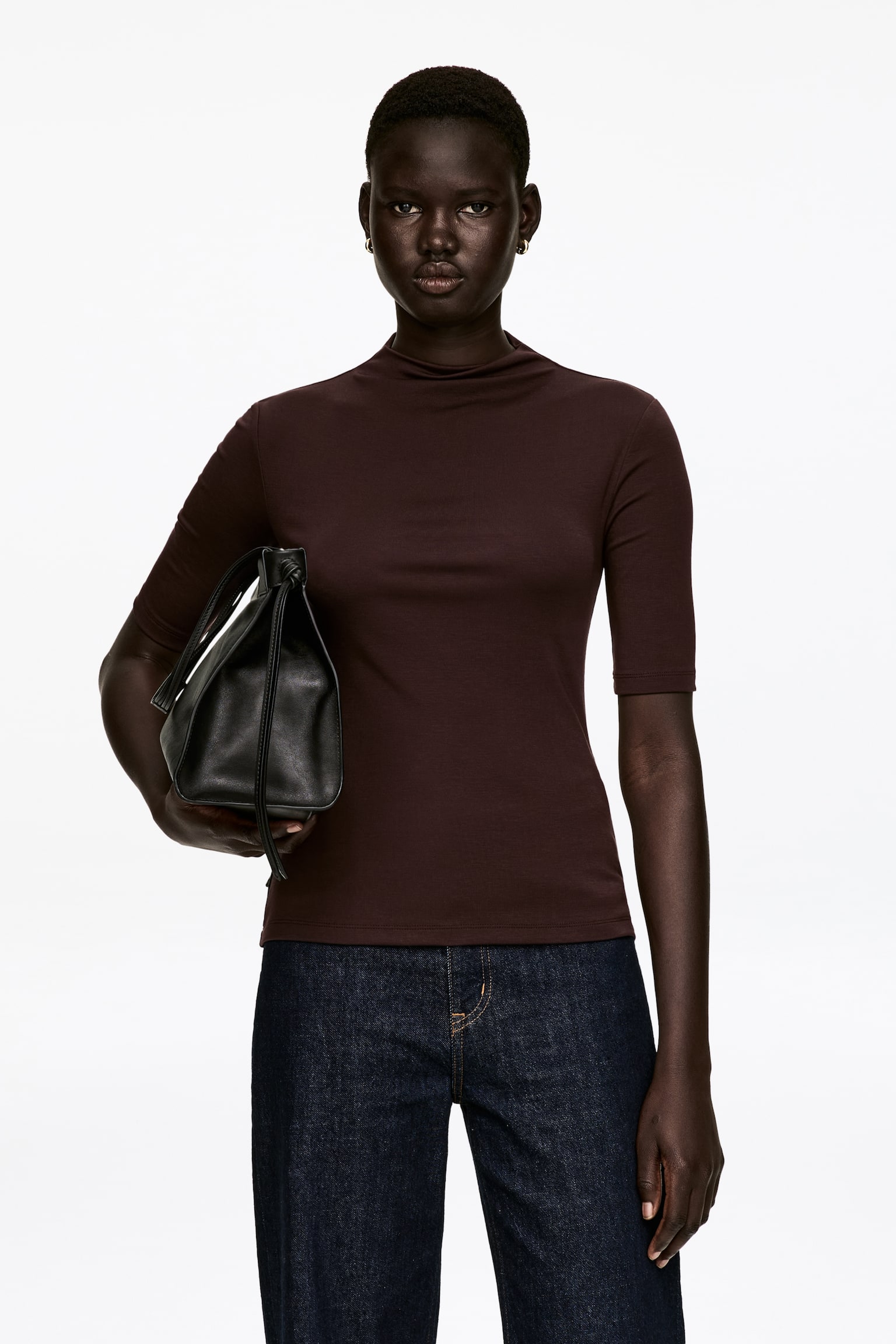 Ribbad topp med halvpolo - Brun - 1