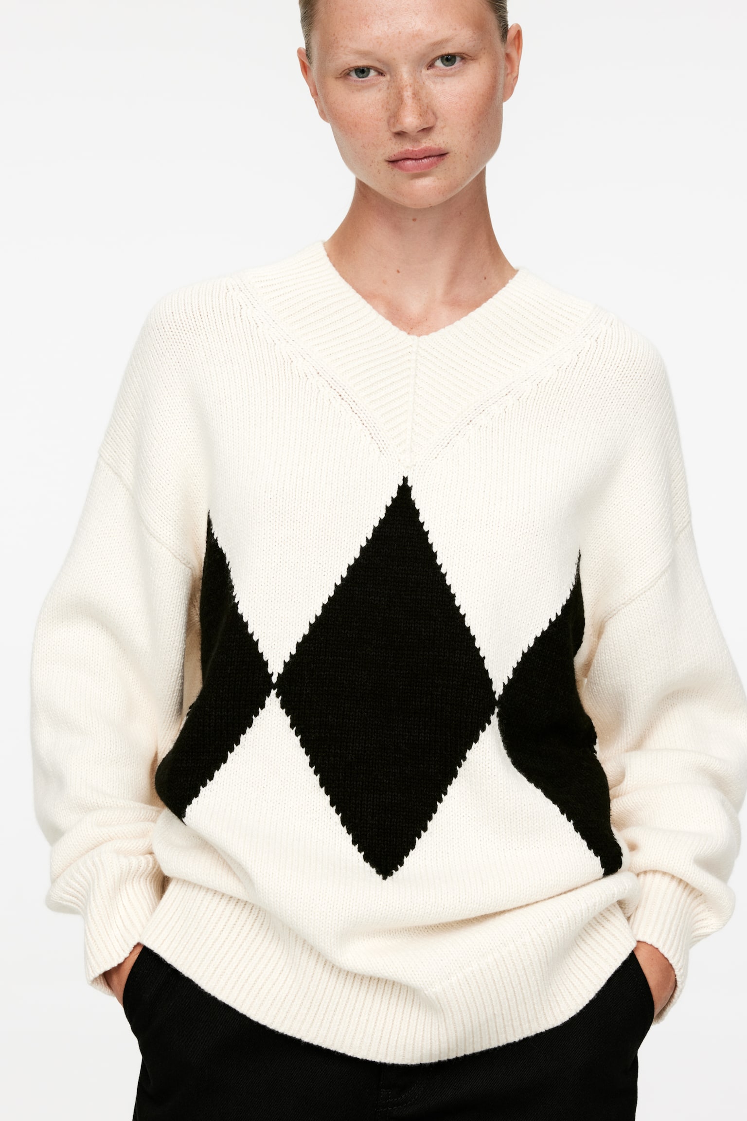 Relaxed Wool-Cotton Jumper - White/Black - 5