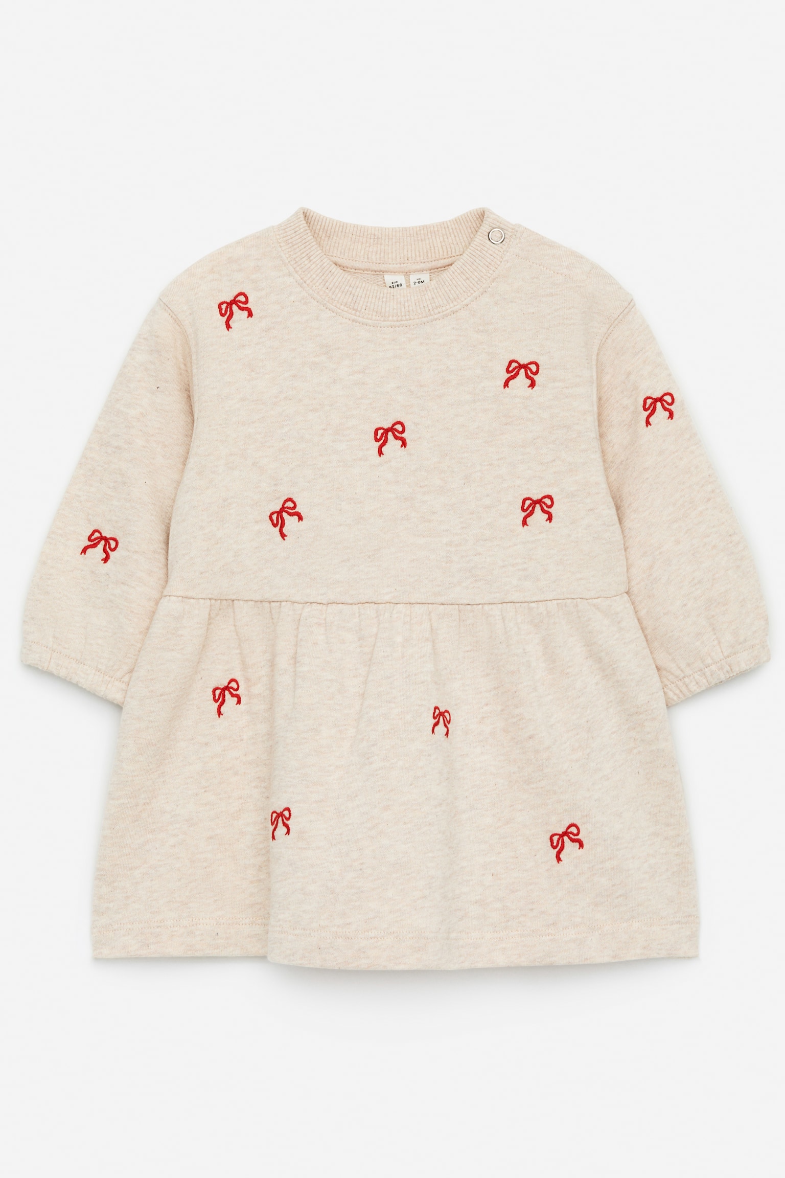 Embroidered Jersey Dress - Beige/Red Bows - 1