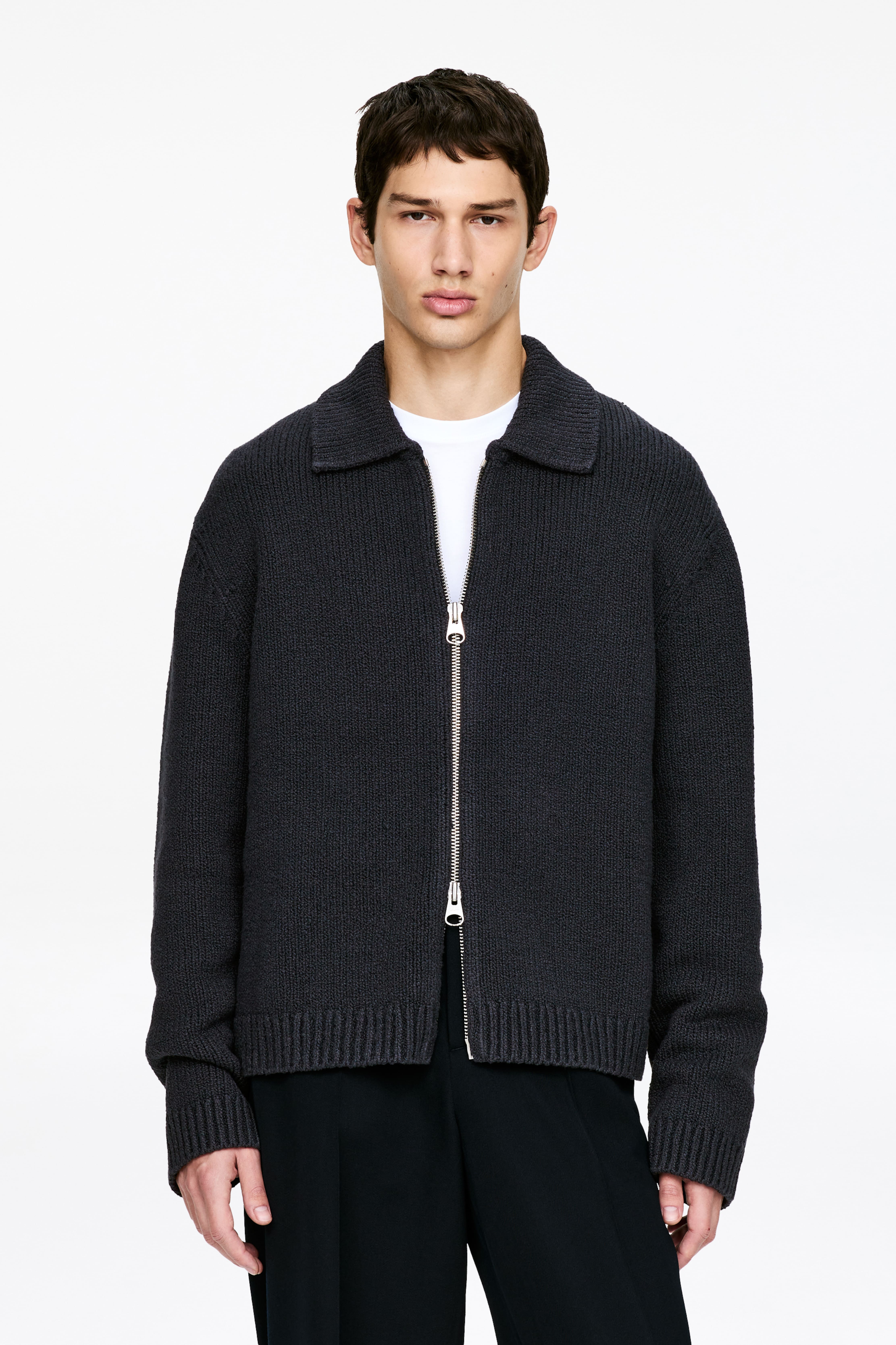 Cotton Blend Zip Cardigan - Dark Blue