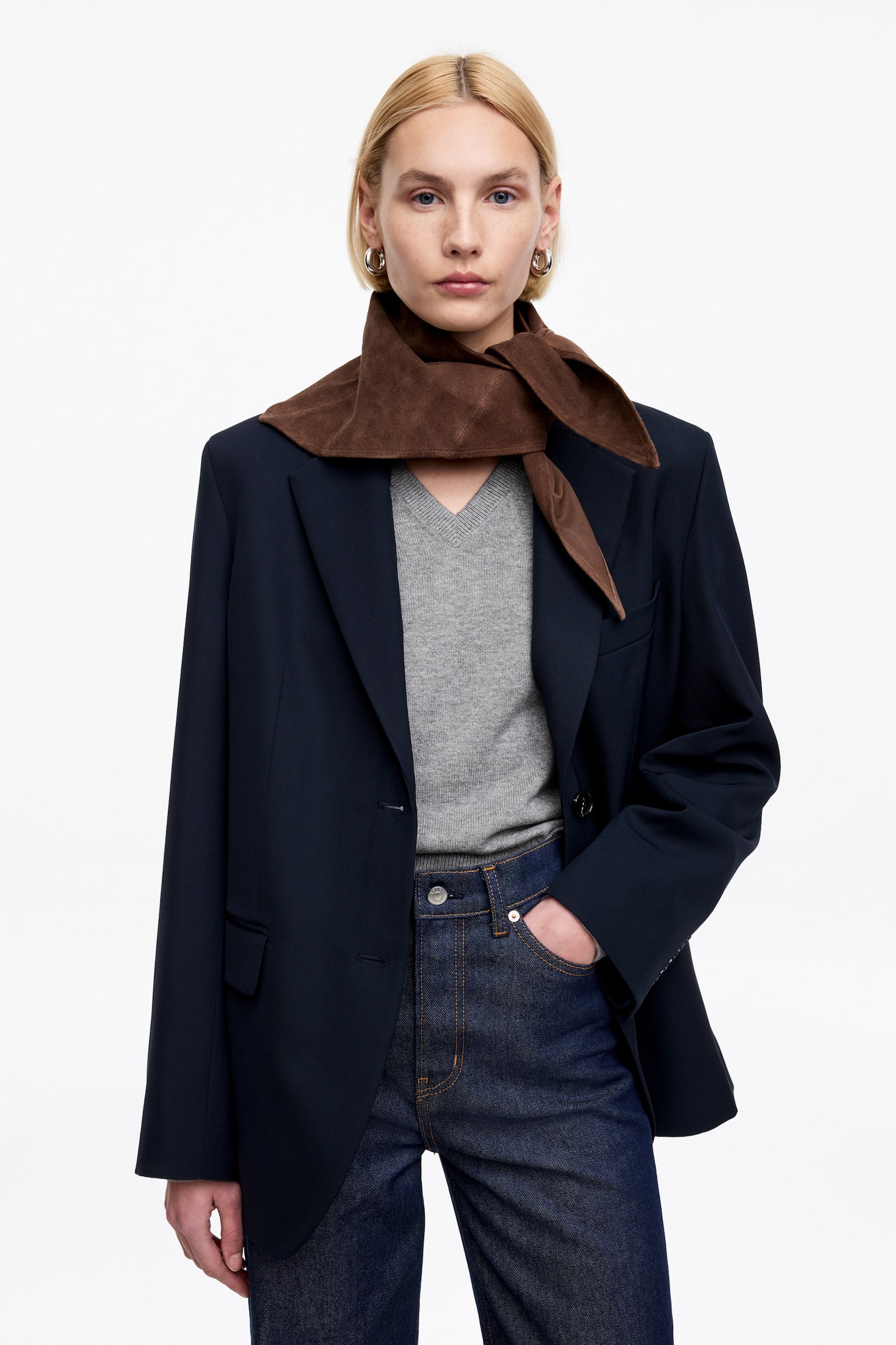 V-ringad tröja i ull och bomull - Gråmelerad/Brun - 6