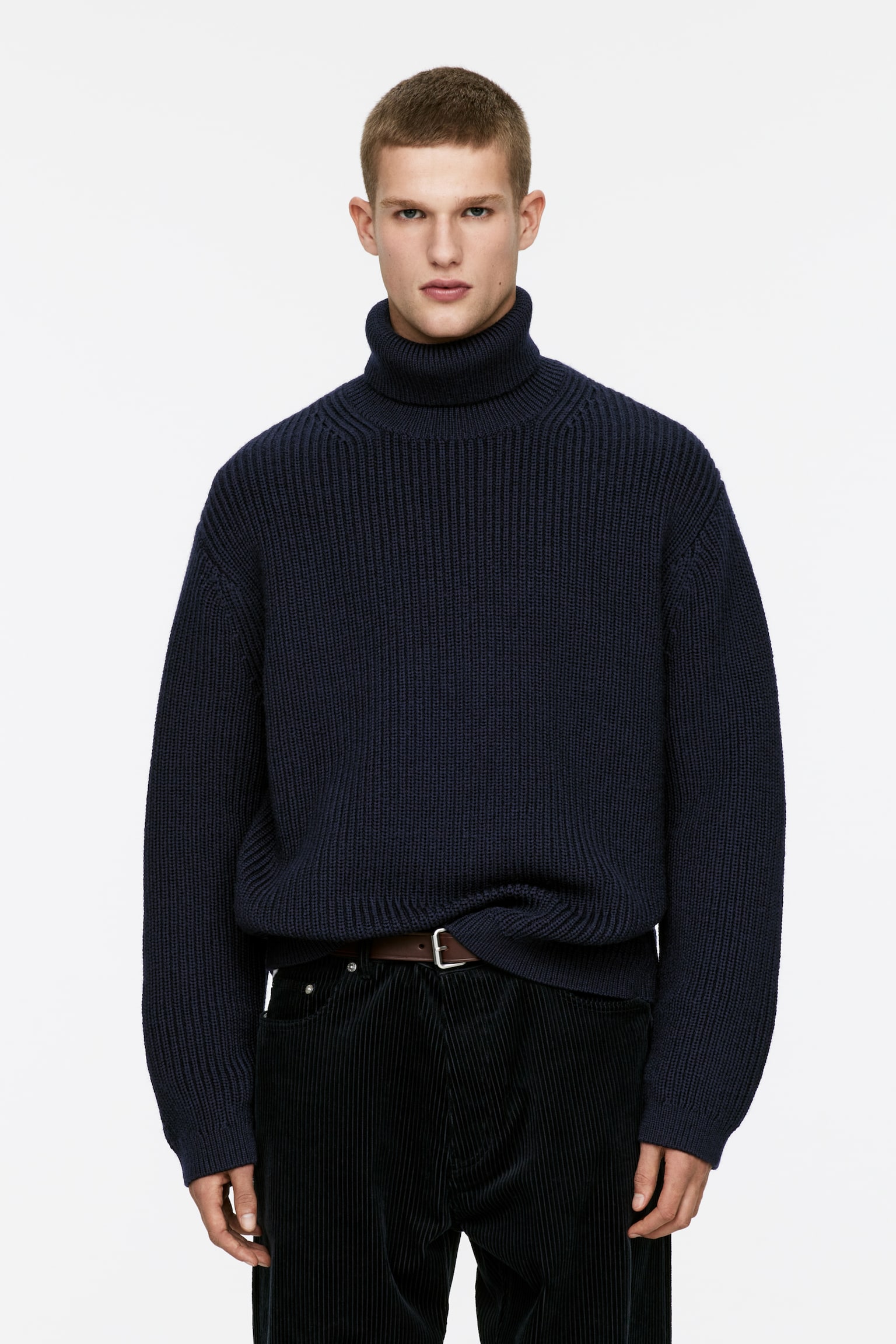 Heavy Wool Roll-Neck Jumper - Dark Blue/Off White - 2