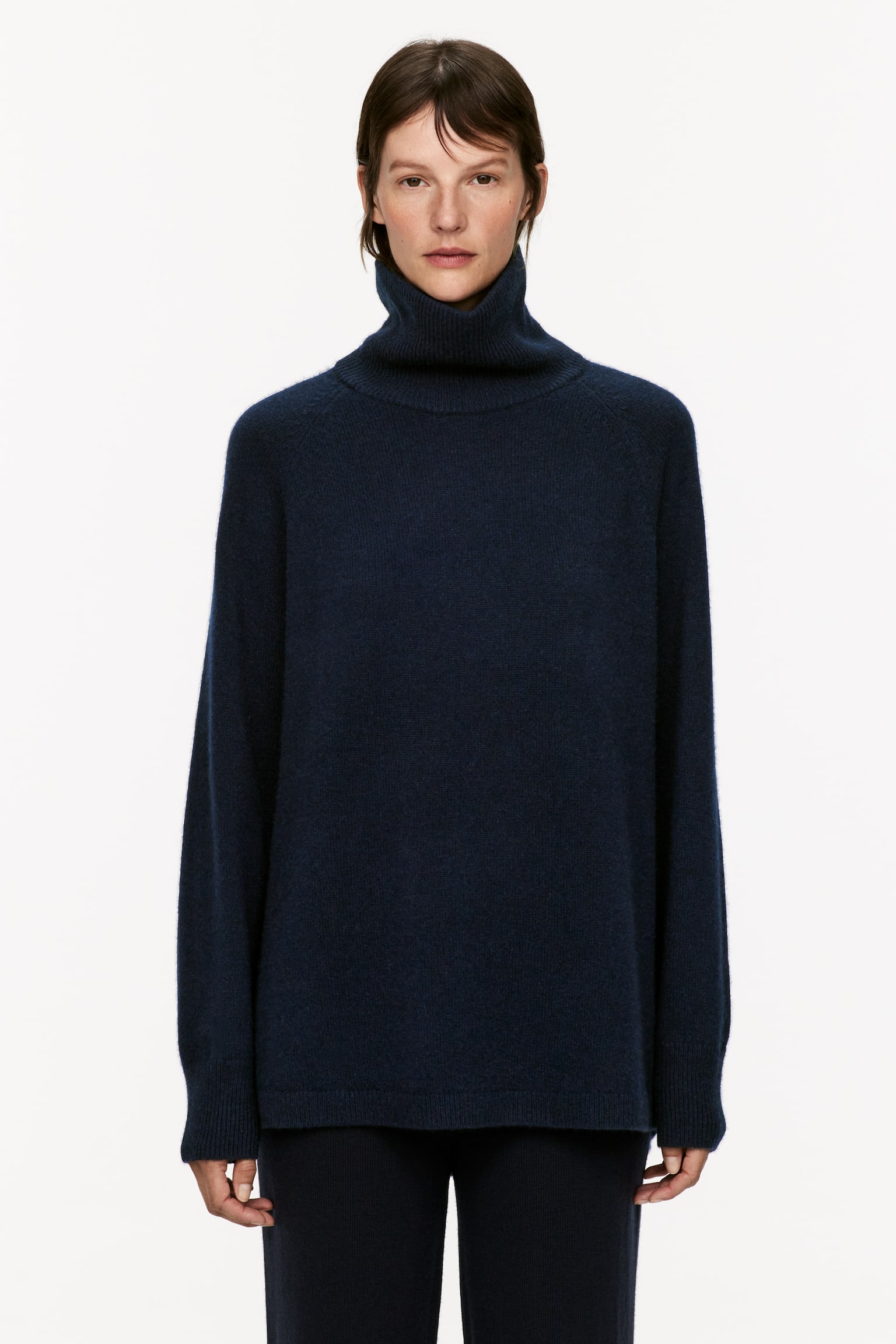 Roll-Neck Cashmere-Wool Jumper - Dark Blue/Beige - 1