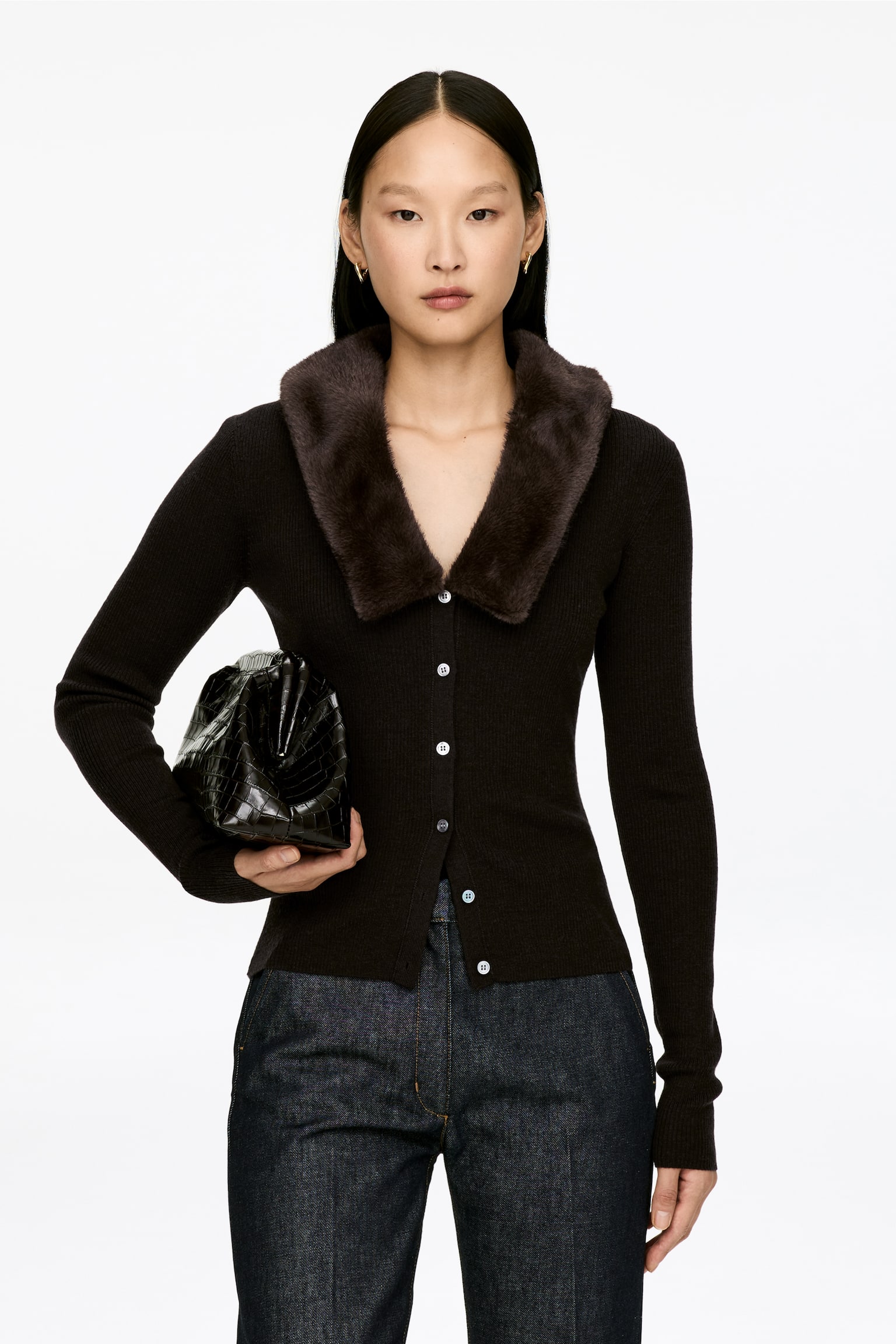 Faux Fur Collar Cardigan - Mörkbrun - 1