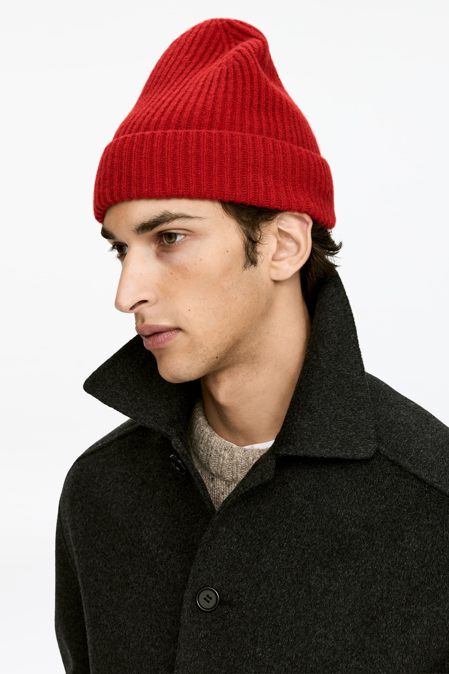 Ribgebreide beanie van een wolmix - Rood - 3