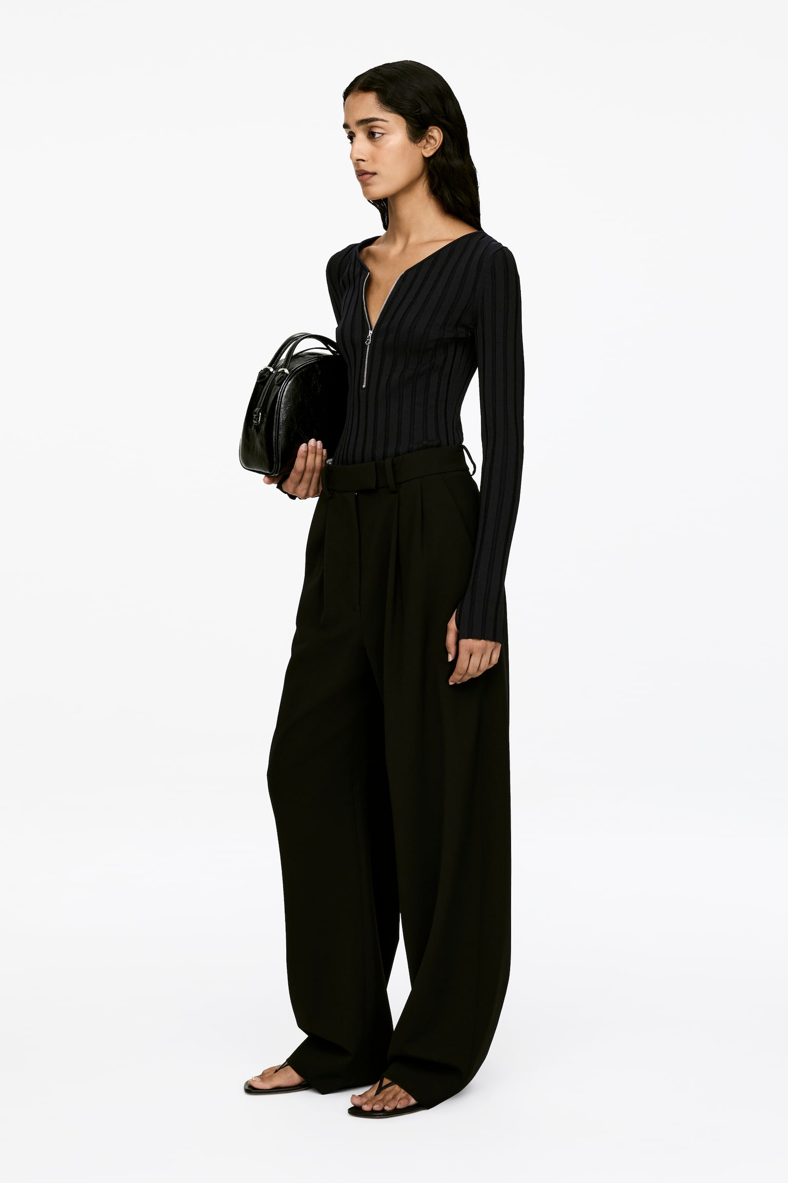 Geribbelde trui met halve rits - Zwart - 5