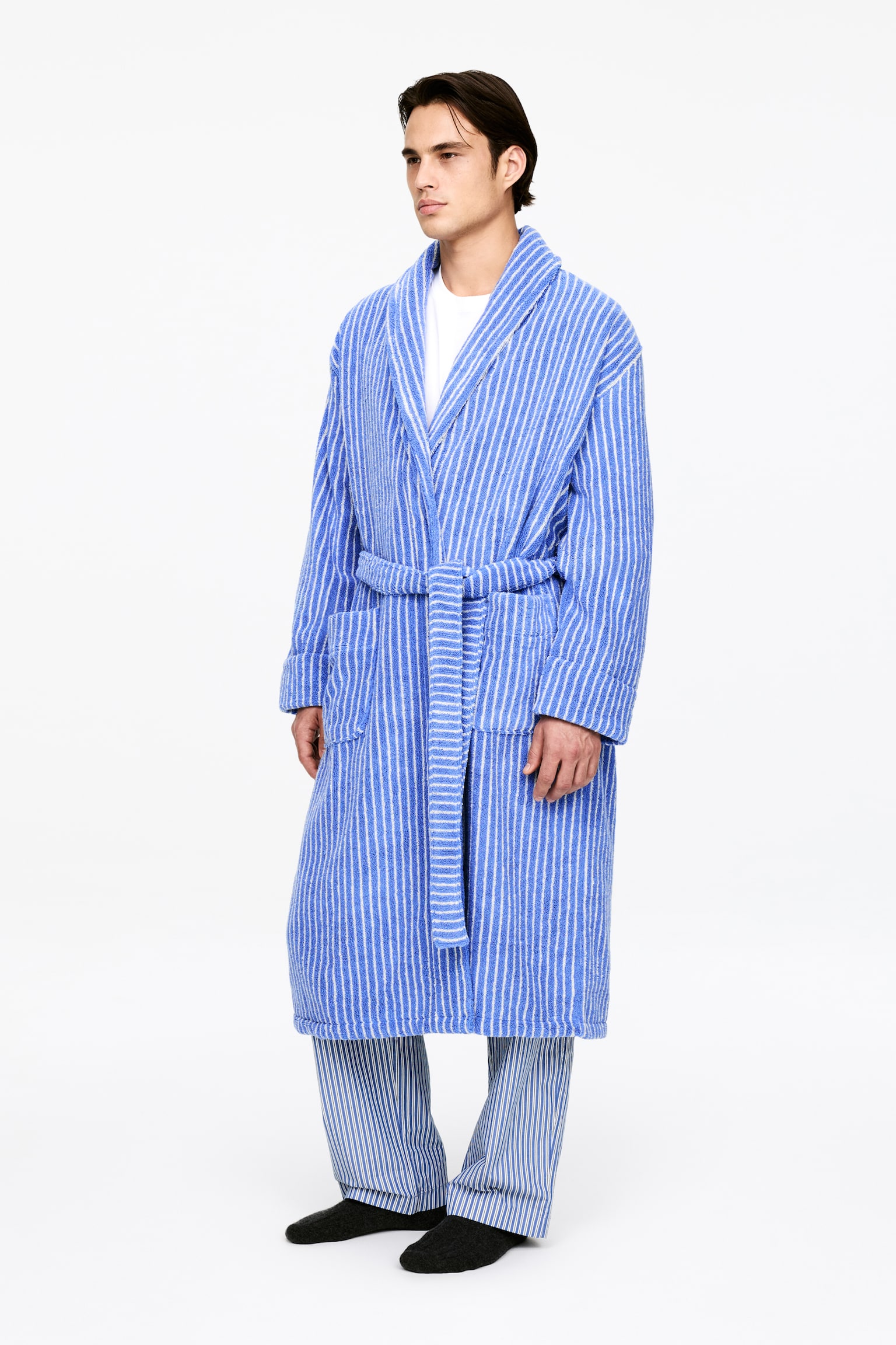 Bademantel aus Baumwollfrottee - Blau/Cremeweiß/Schwarz - 4