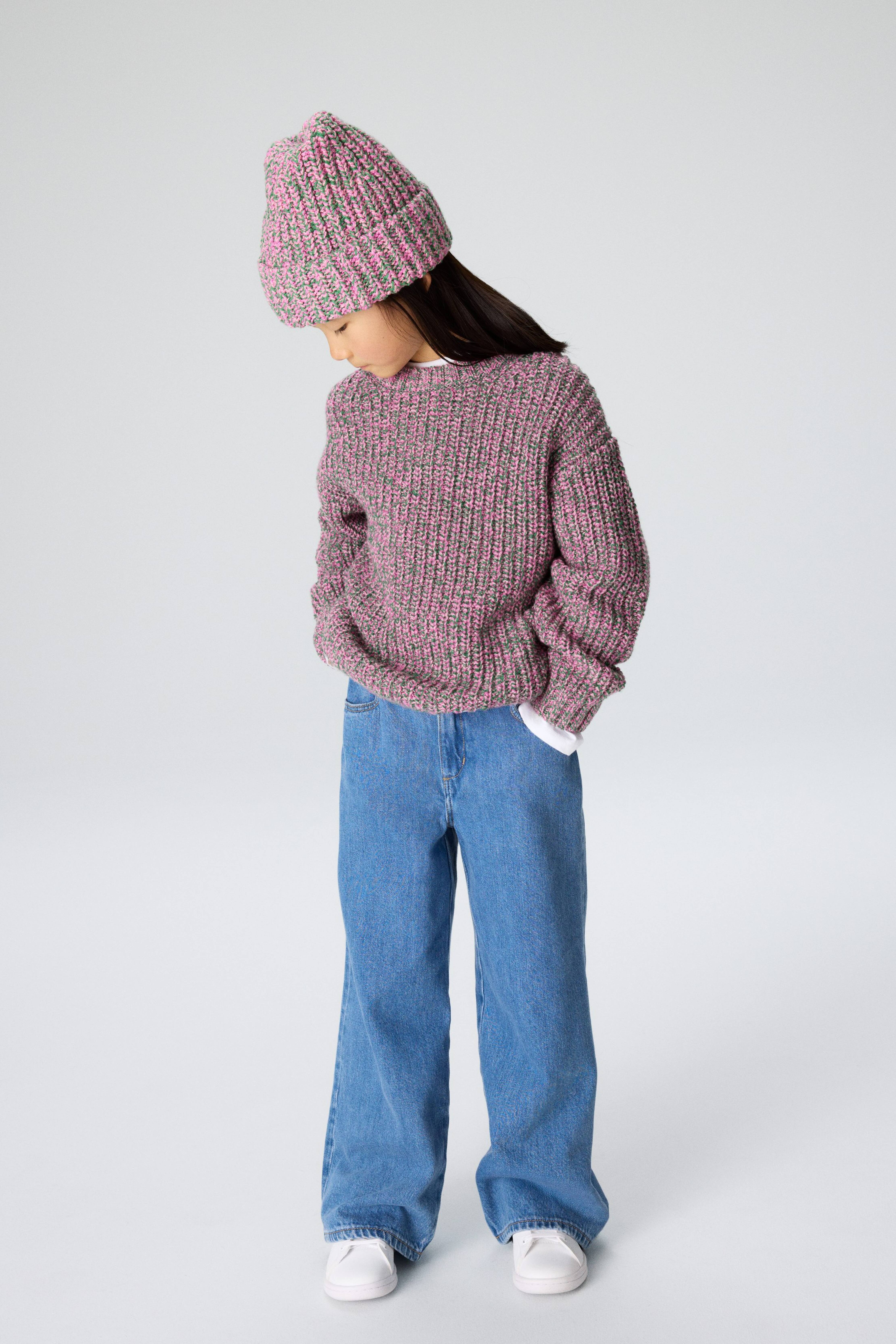 Marmorierte Strickbeanie aus Baumwolle - Rosa/Grün/Blau/Grün/Weiß