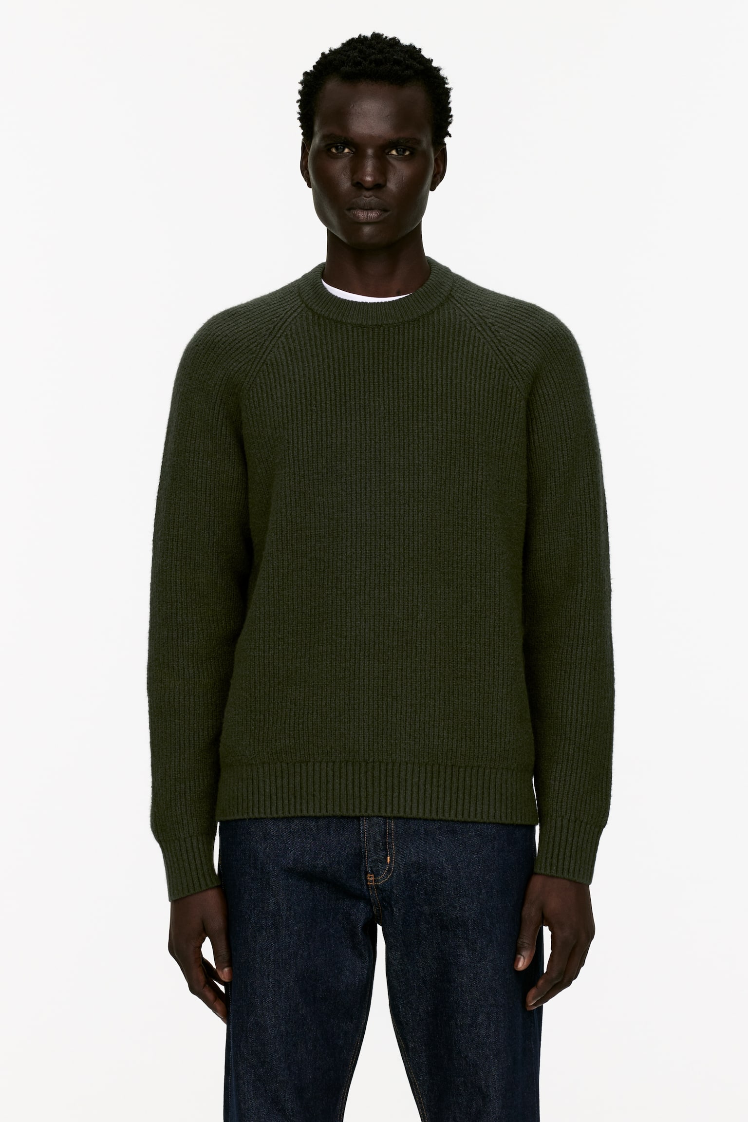 Rib-Knit Crewneck Jumper - Dark Green - 1