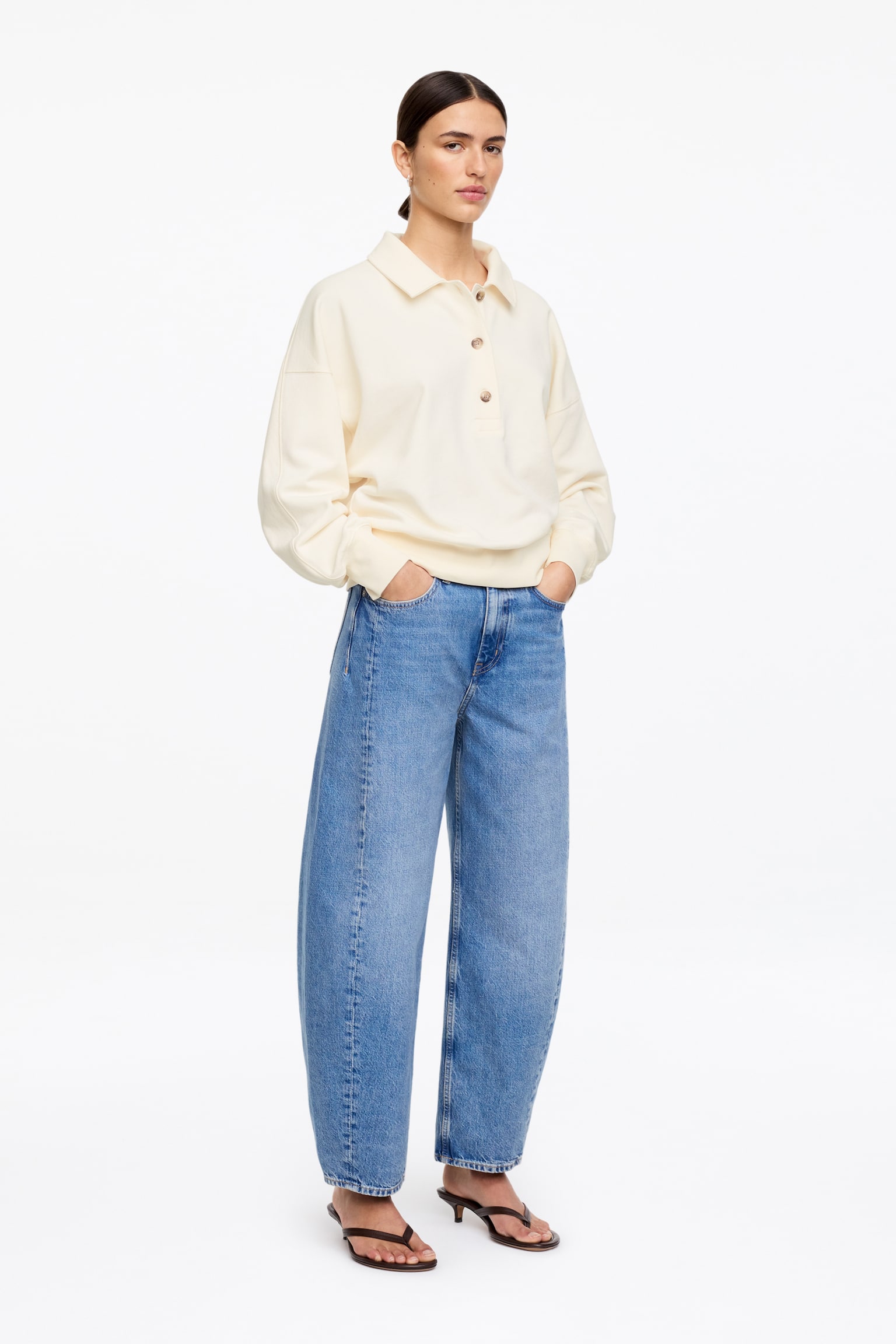 Bluza polo z materiału frotté - Złamana biel/Jasnoniebieski/Ciemnobrązowy - 3