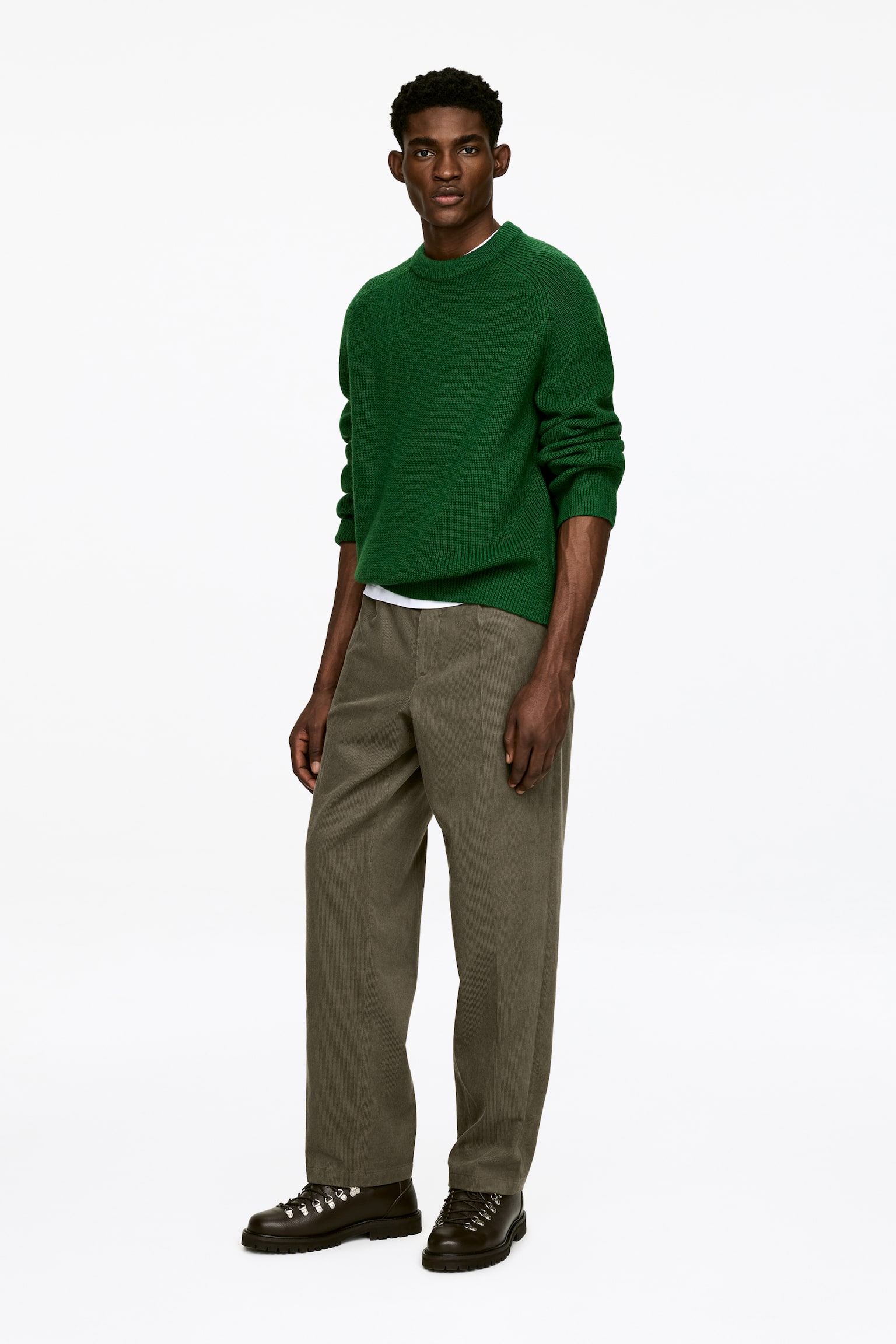 Uvoľnené manšestrové nohavice - Zelená/Čierny - 3