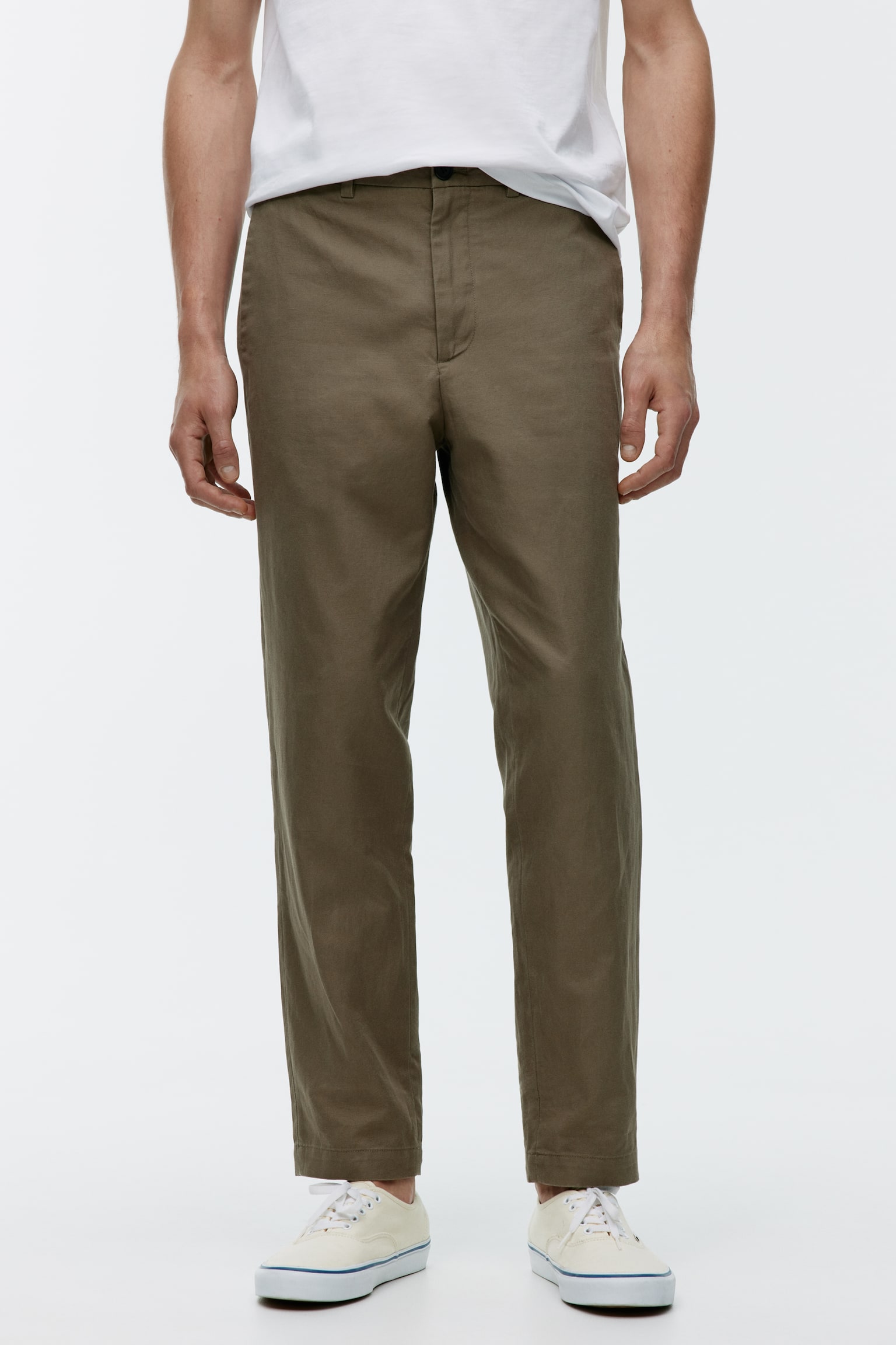 Regular Cropped Cotton-Linen Trousers - Khaki Green/Off-White - 5