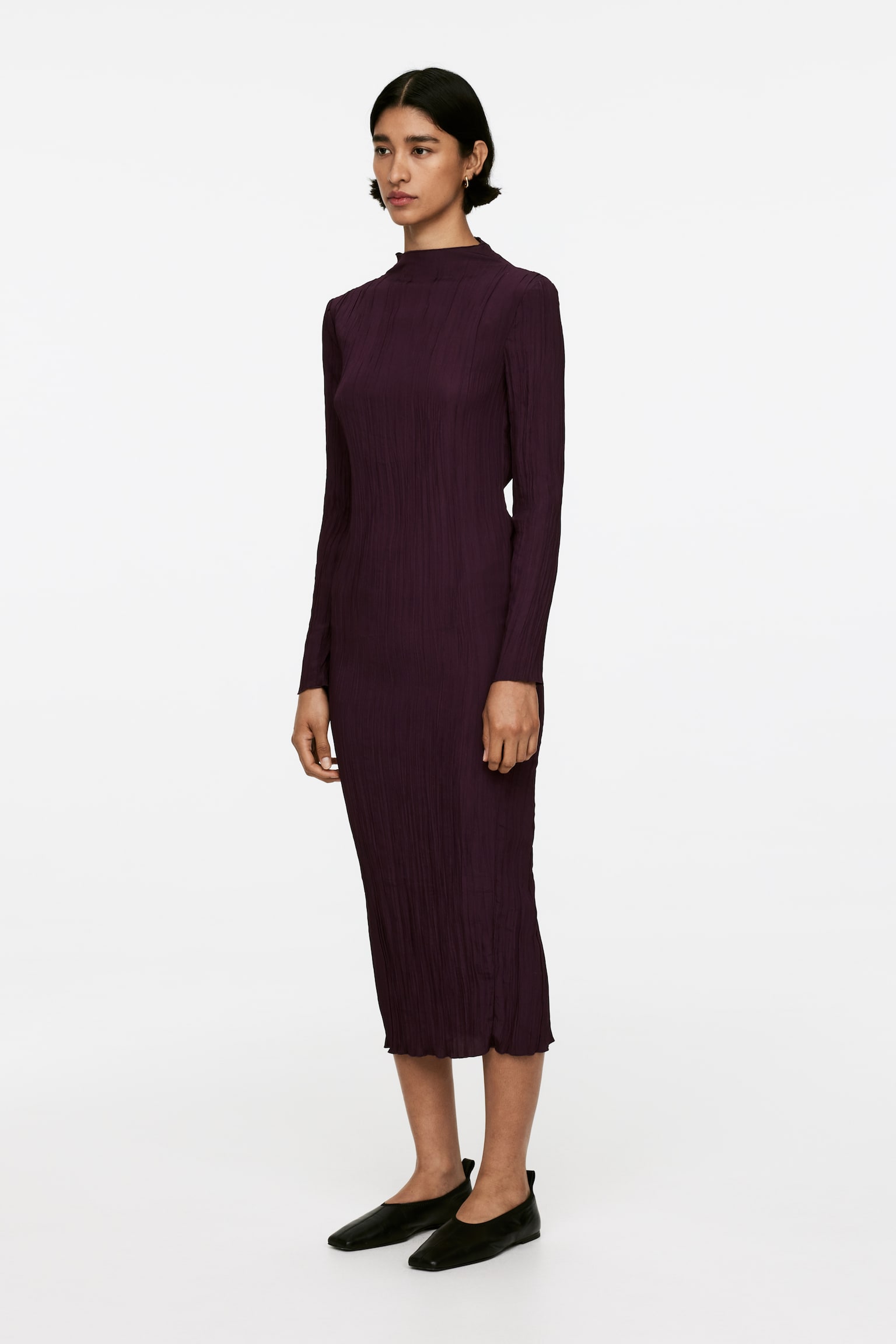 Mock-Neck Plissé Dress - Burgundy - 5