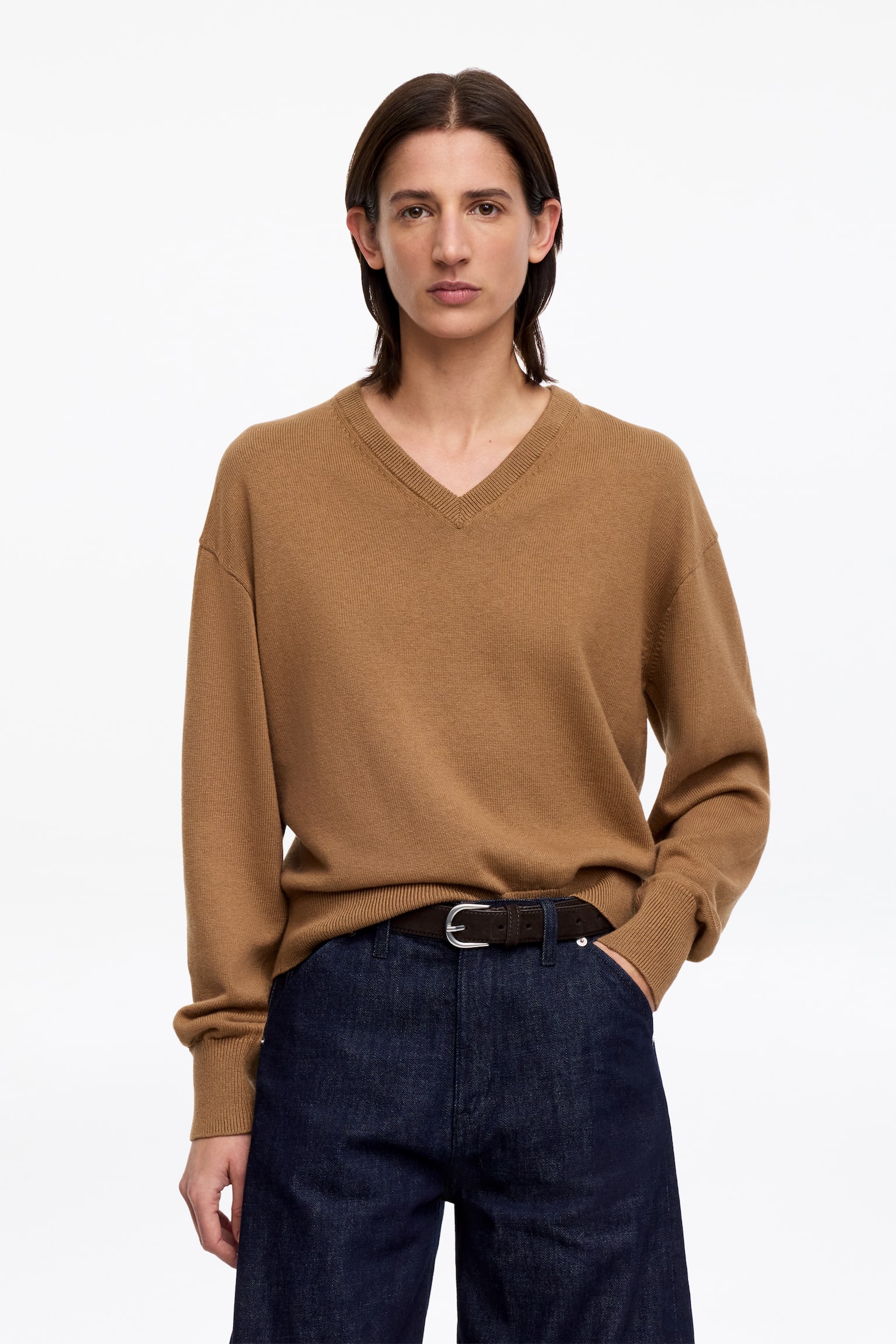 Pull en coton et laine à col en V - Marron/Gris chiné - 1