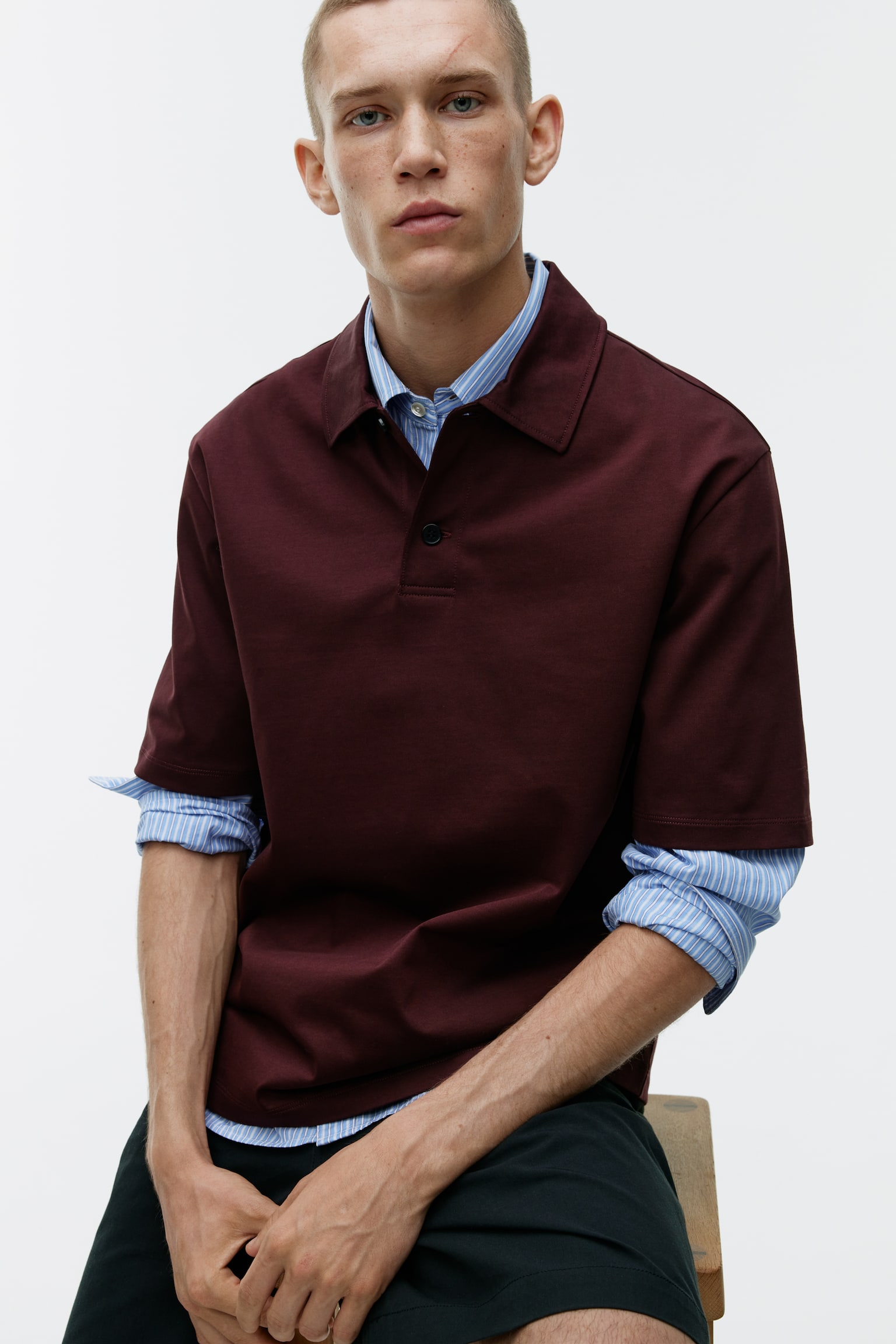 Cotton Polo Shirt - Burgundy/Dark Blue - 3