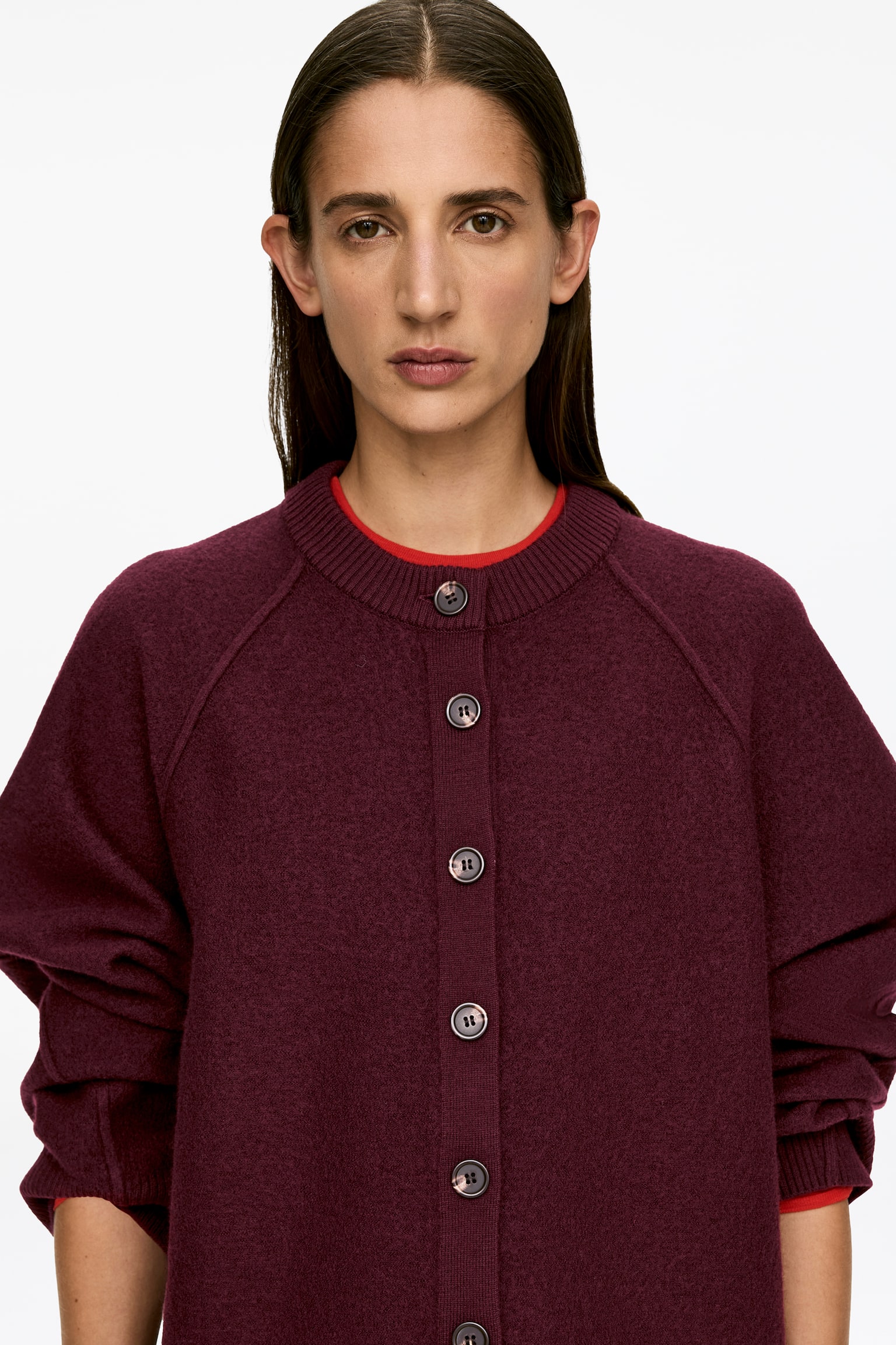 Strickjacke aus Wollwalk - Burgunderrot - 6