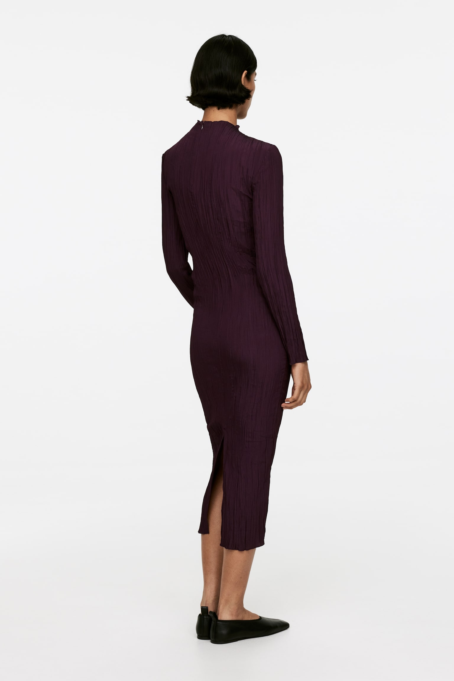 Mock-Neck Plissé Dress - Burgundy - 3