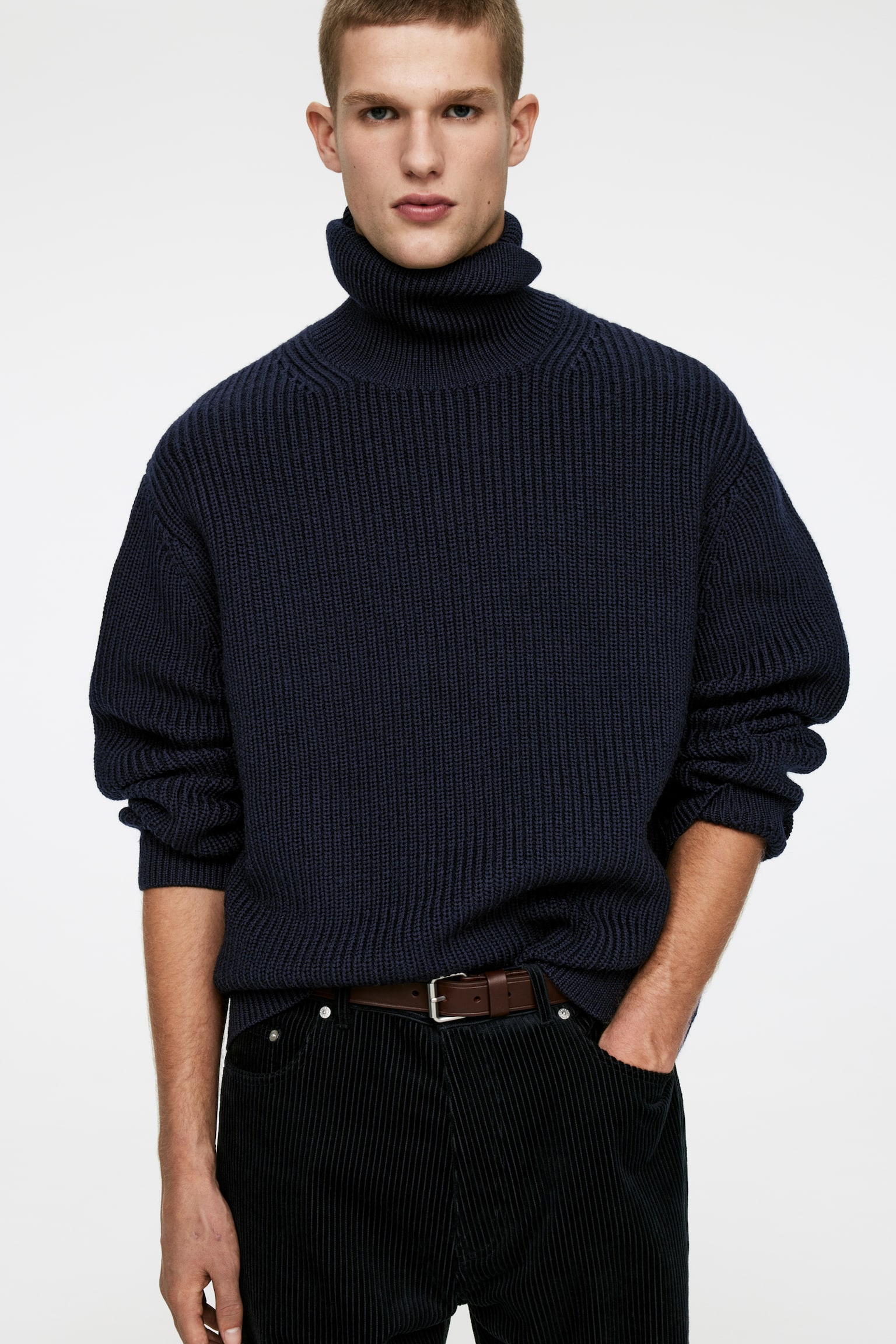 Heavy Wool Roll-Neck Jumper - Dark Blue/Off White - 4