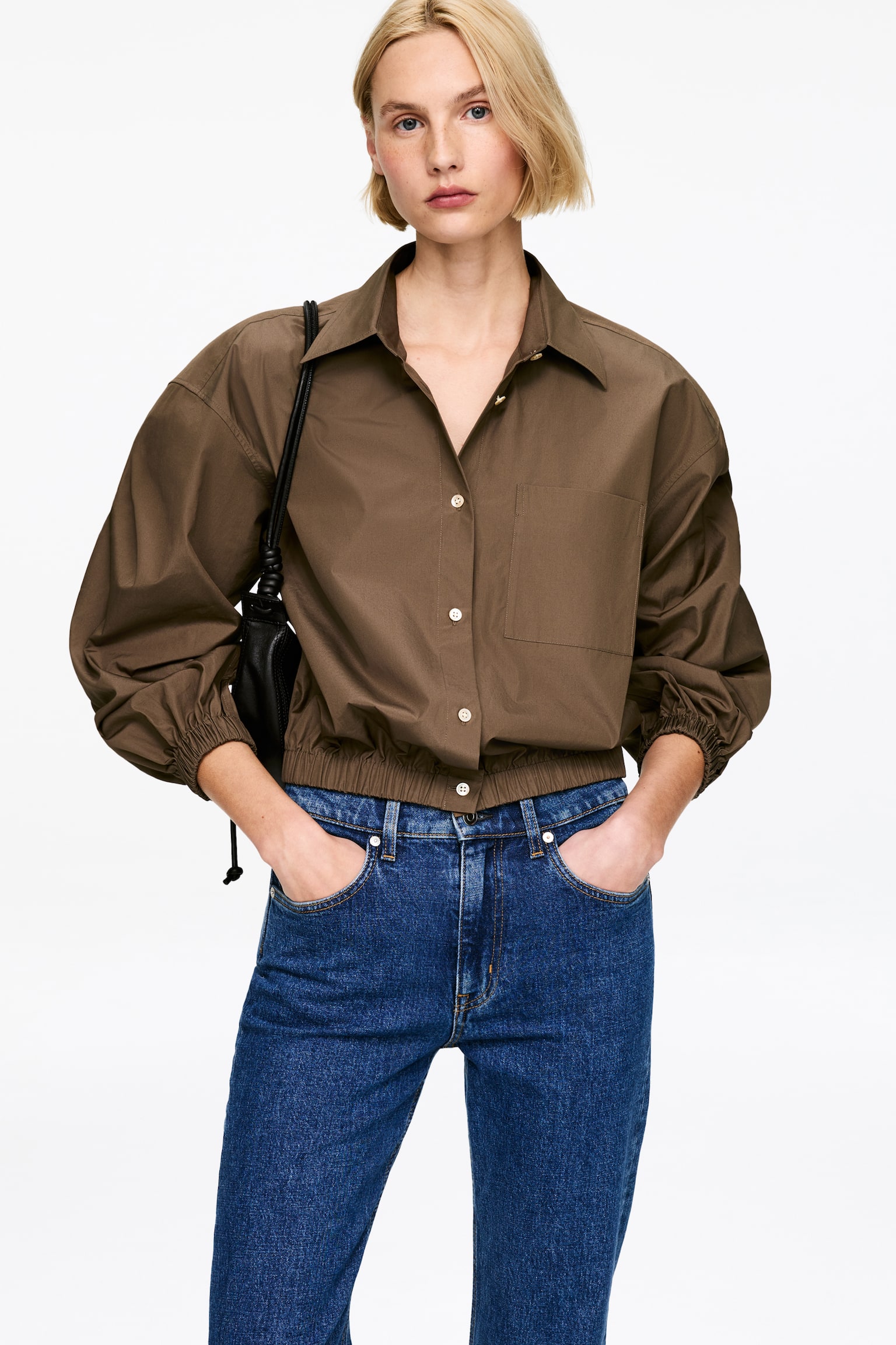 Camicia cropped in cotone - Marrone/Bianco - 3