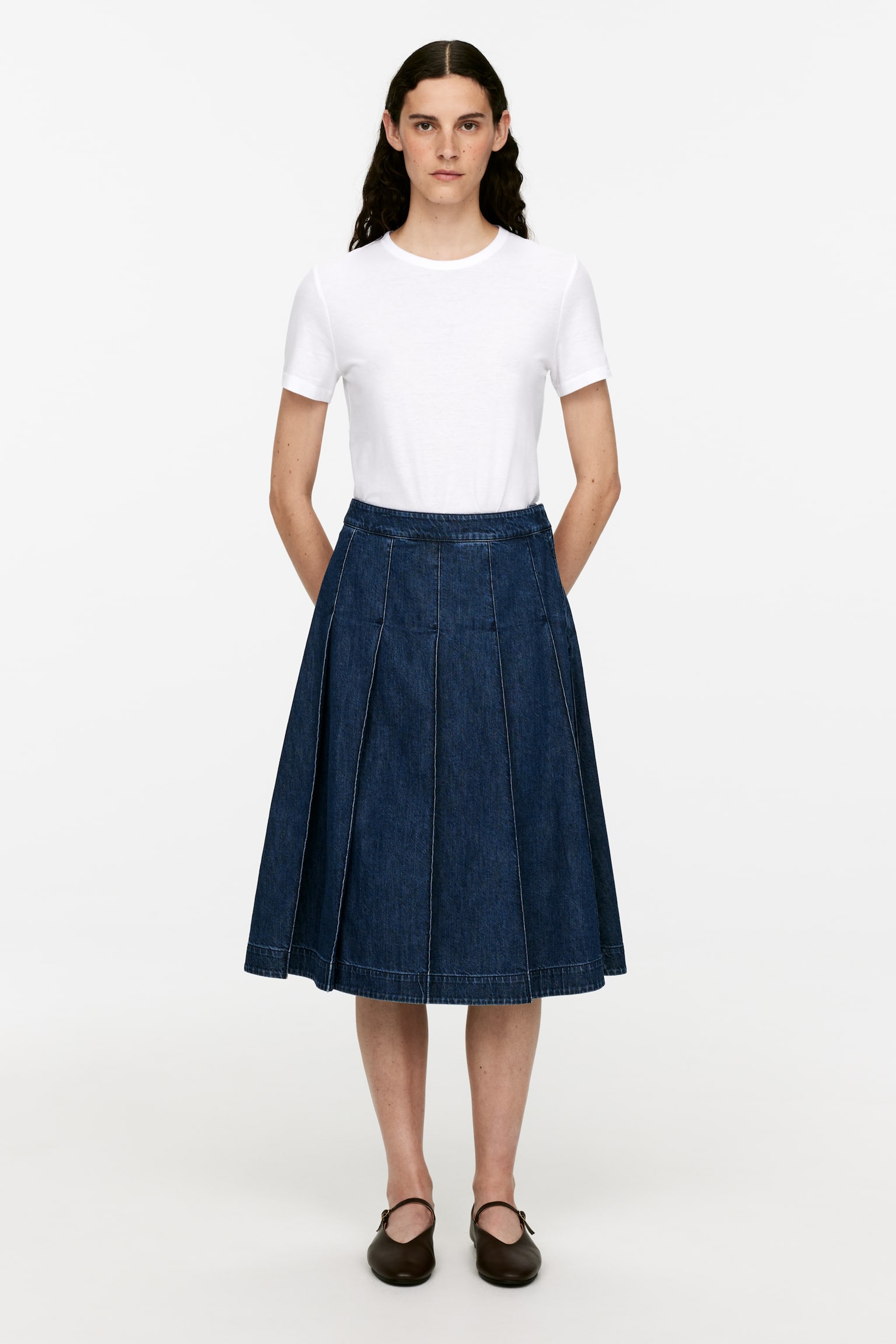 Pleated Denim Skirt - Dark Blue - 6