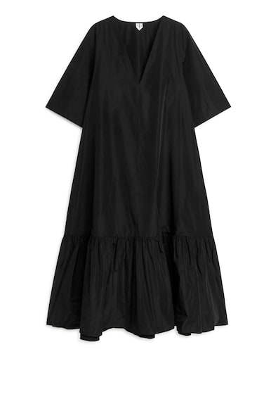 Flounce-Hem Taffeta Dress - V-neck - Short sleeve - Black - Ladies | H&M GB