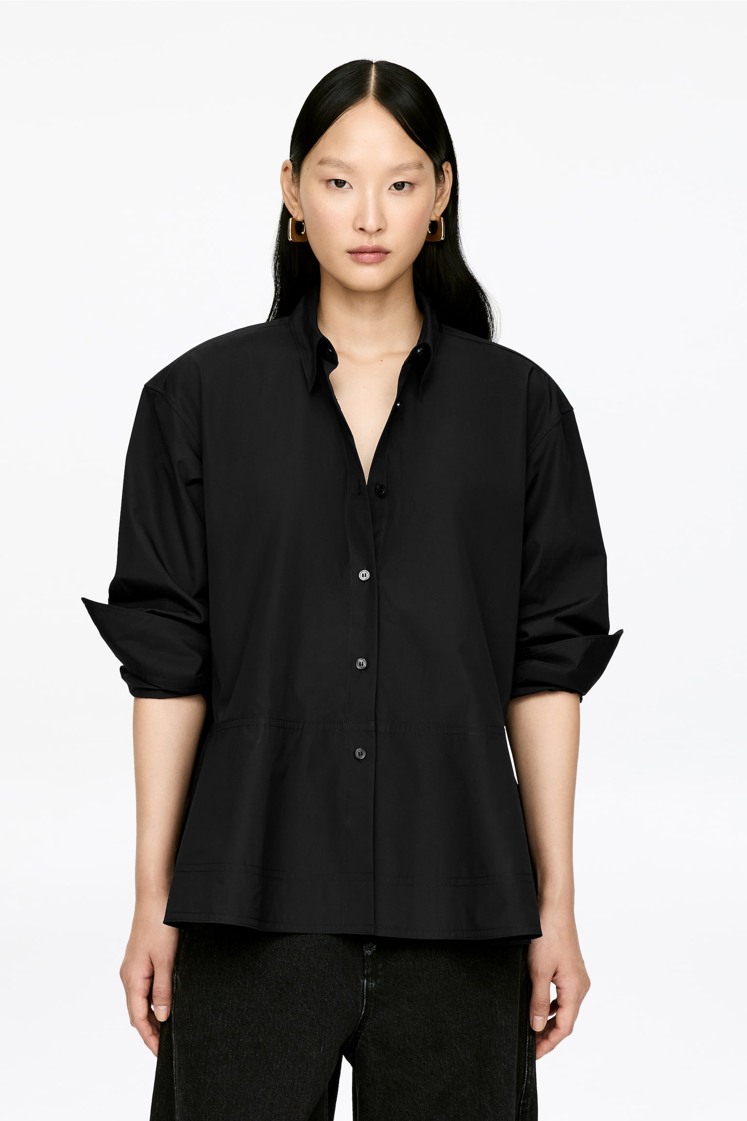 Chemisier péplum en coton - Noir/Rouge foncé - 1