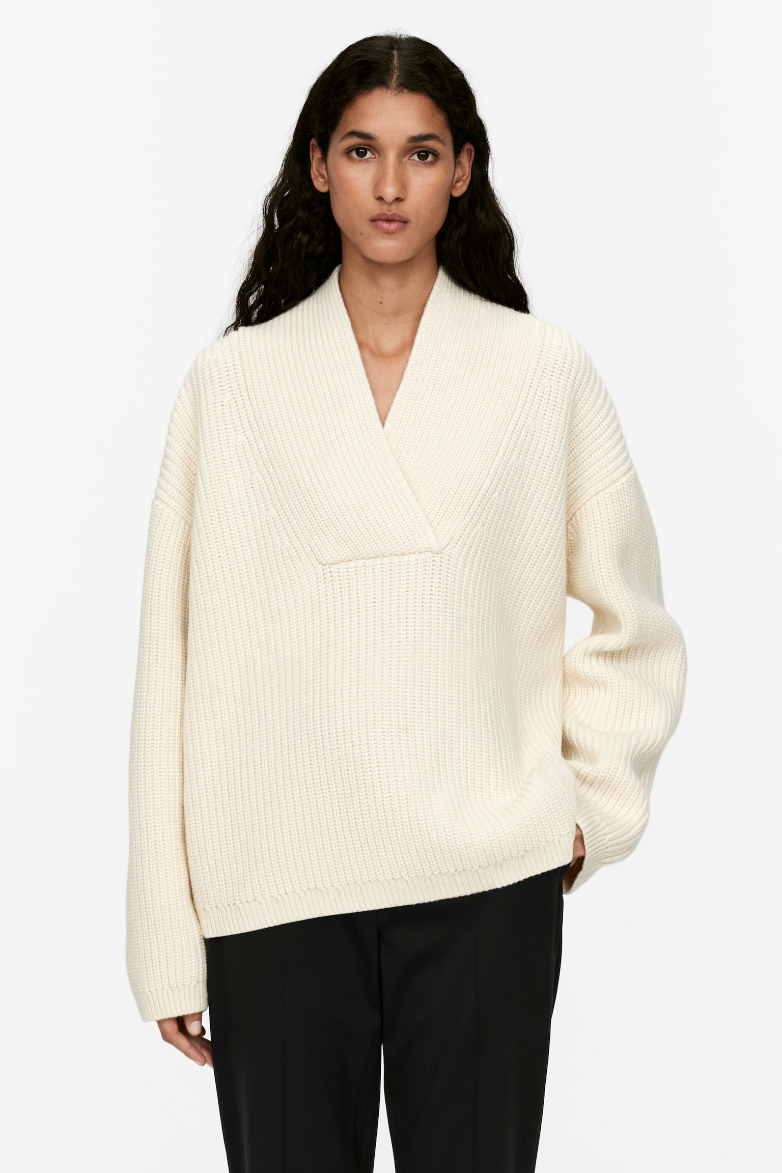 Shawl Collar Jumper - Off White/Khaki Green - 1