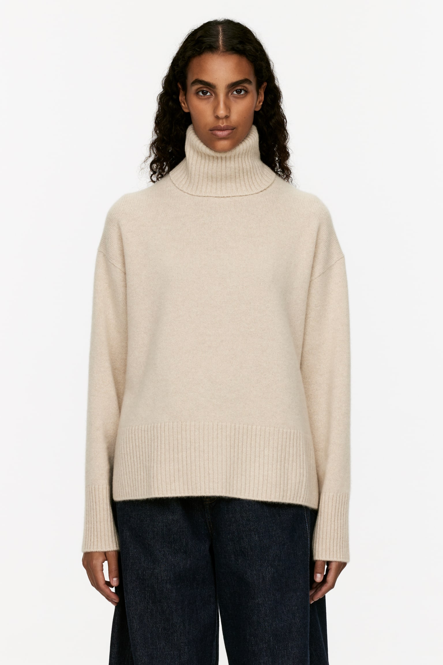 Roll-Neck Cashmere-Wool Jumper - Light Beige/Black - 1