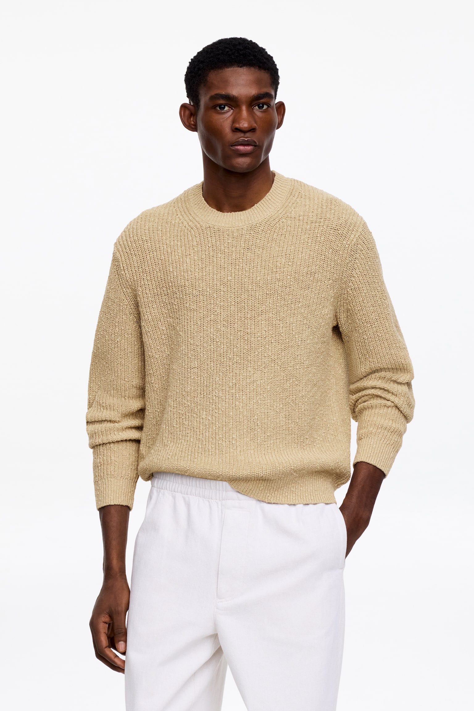 Genser i bomulls- og linblanding - Beige - 1