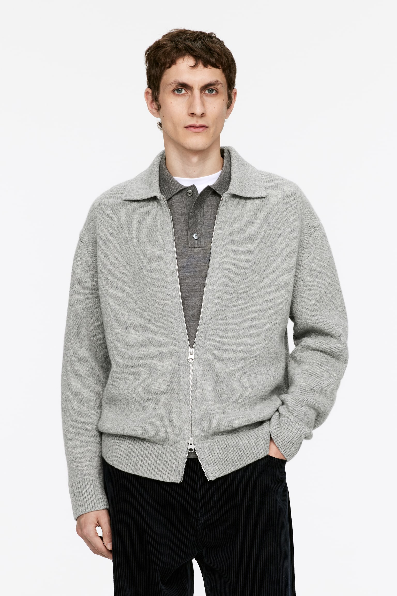 Wool Zip Cardigan - Grey Melange - 2