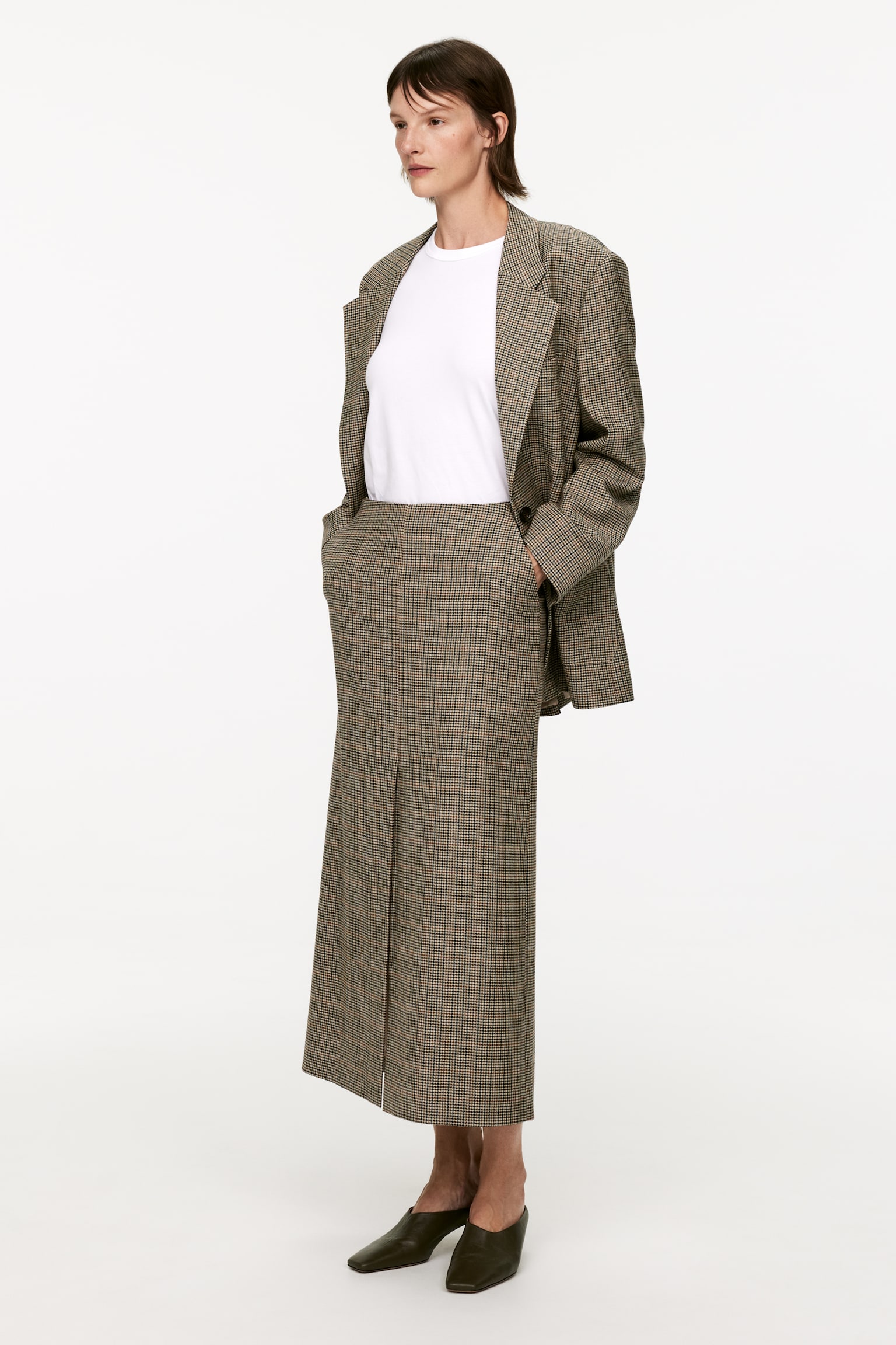 Checked Wool Pencil Skirt - Beige - 4