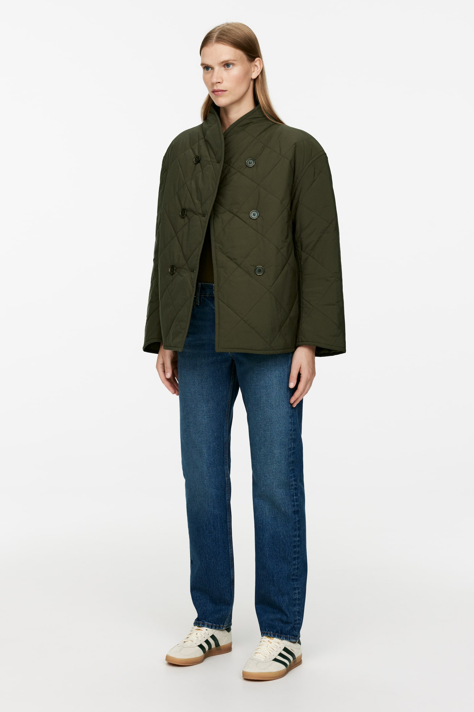 Quilted Shawl-Collar Jacket - Dark Kahki Green - 4