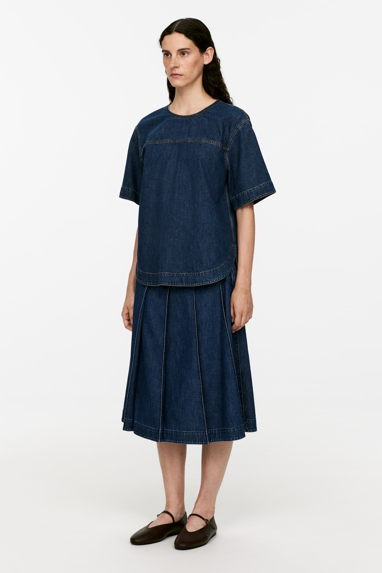 Pleated Denim Skirt - Dark Blue - 2