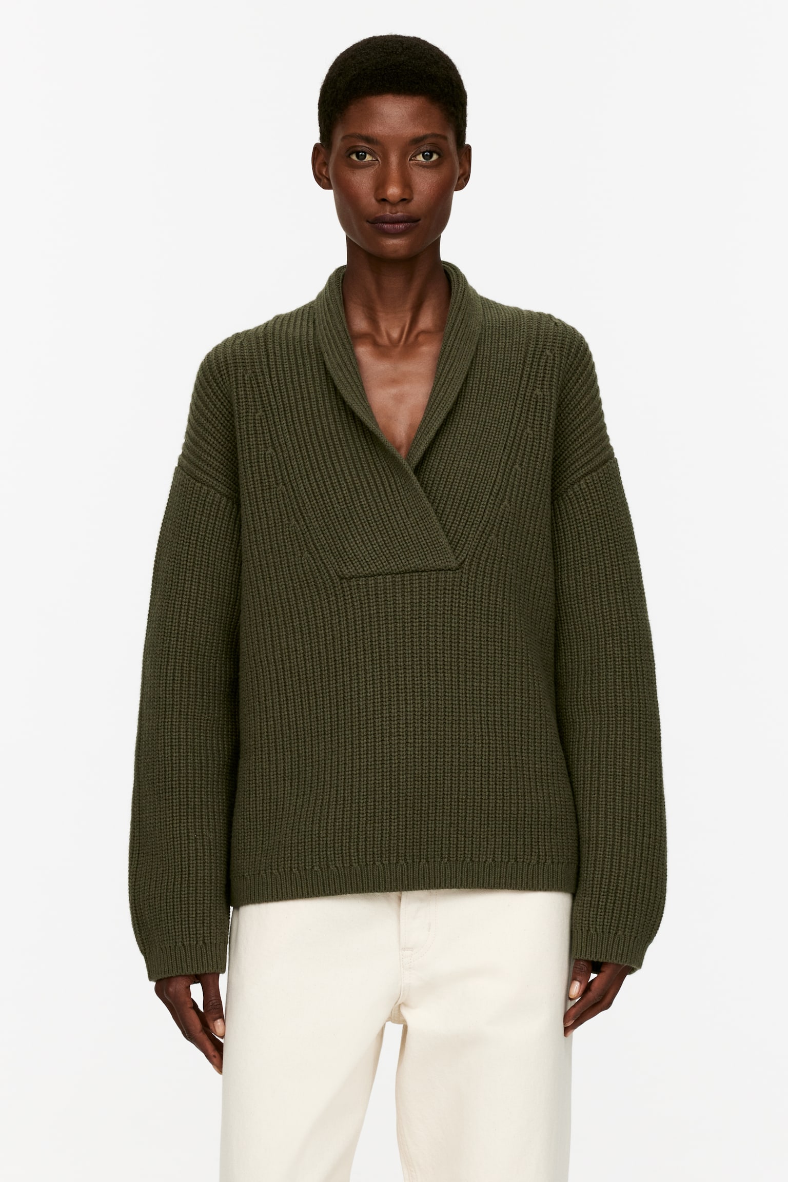 Shawl Collar Jumper - Khaki Green/Off White - 1