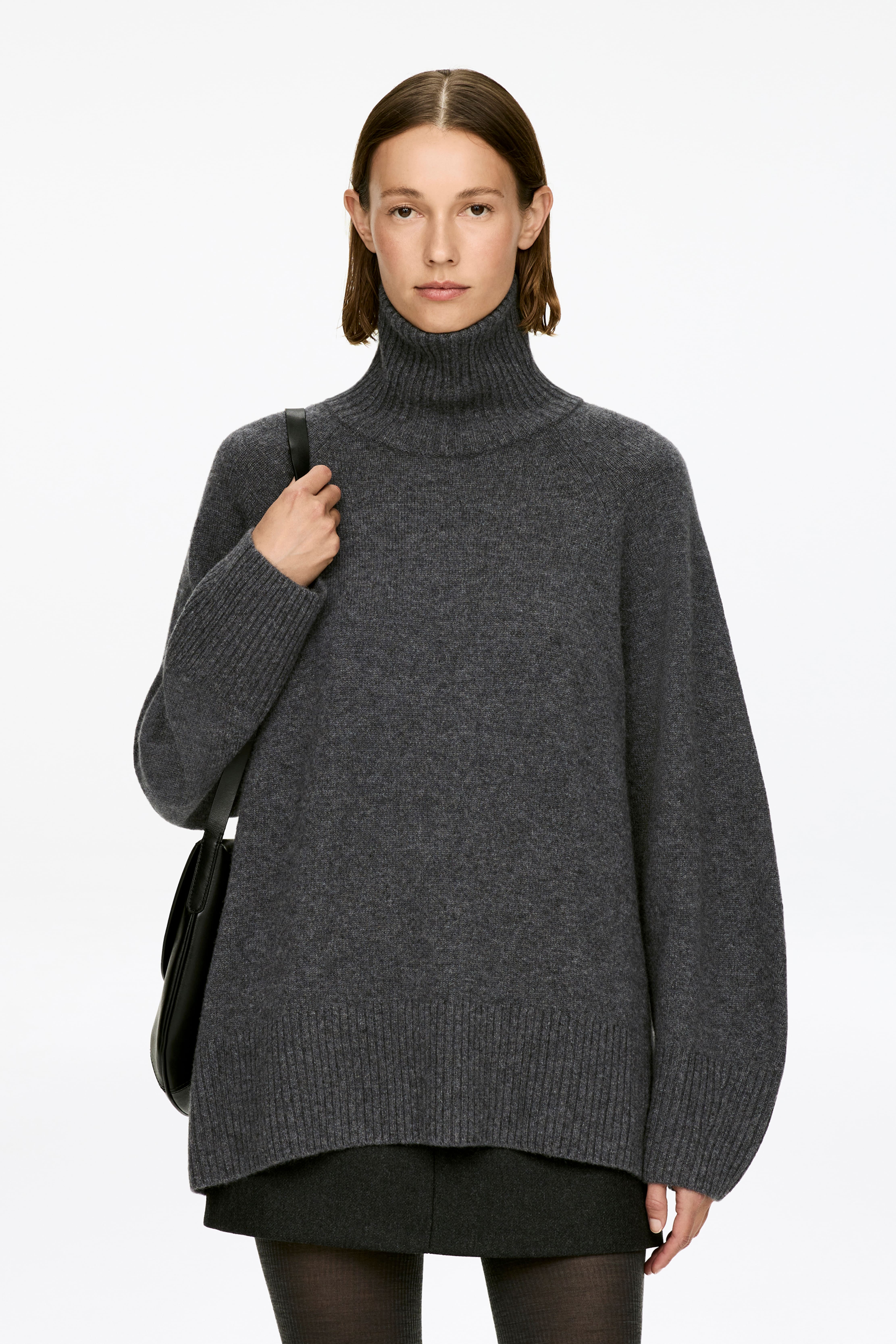 Maglione a collo alto in puro cashmere - Grigio scuro/Rosso scuro