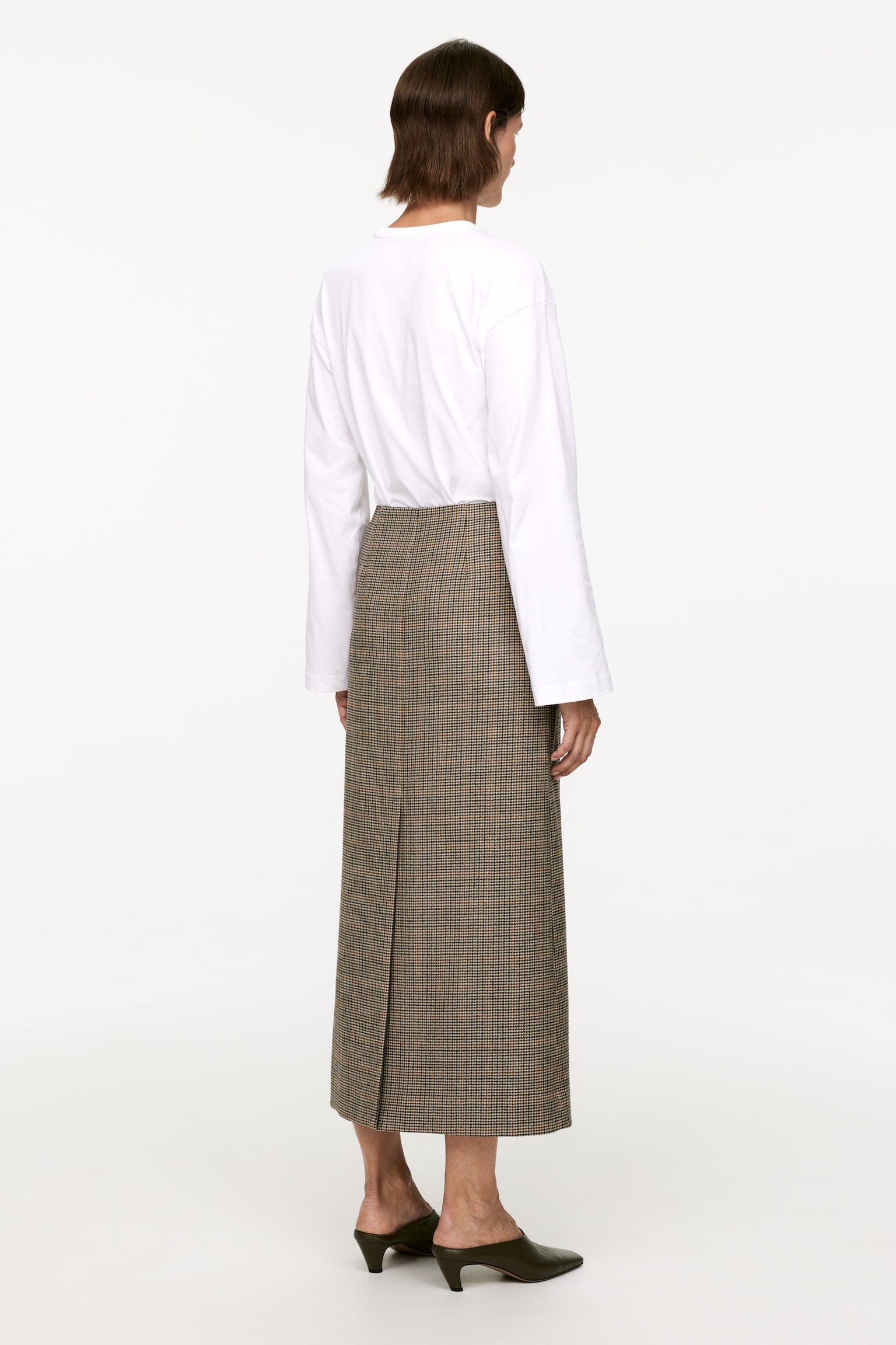 Checked Wool Pencil Skirt - Beige - 3