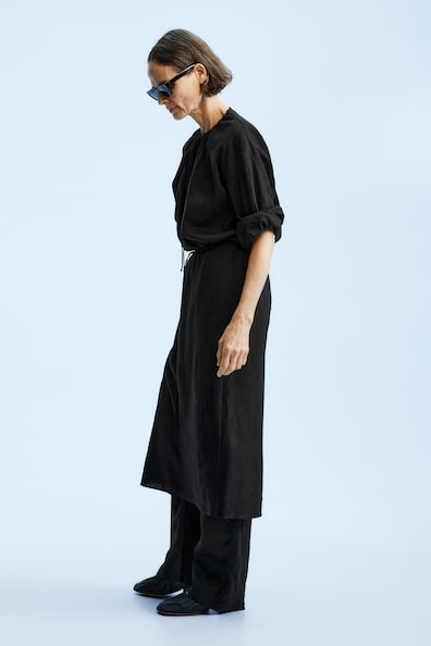 Wide Linen Trousers - Regular waist - Long - Black - Ladies | H&M GB