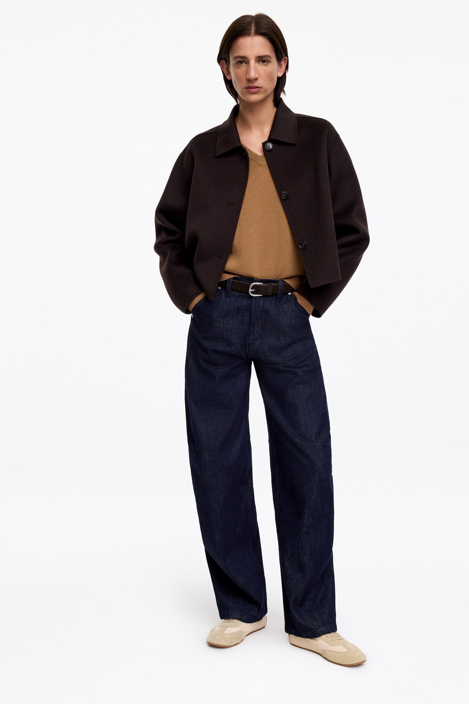 Pull en coton et laine à col en V - Marron/Gris chiné - 3