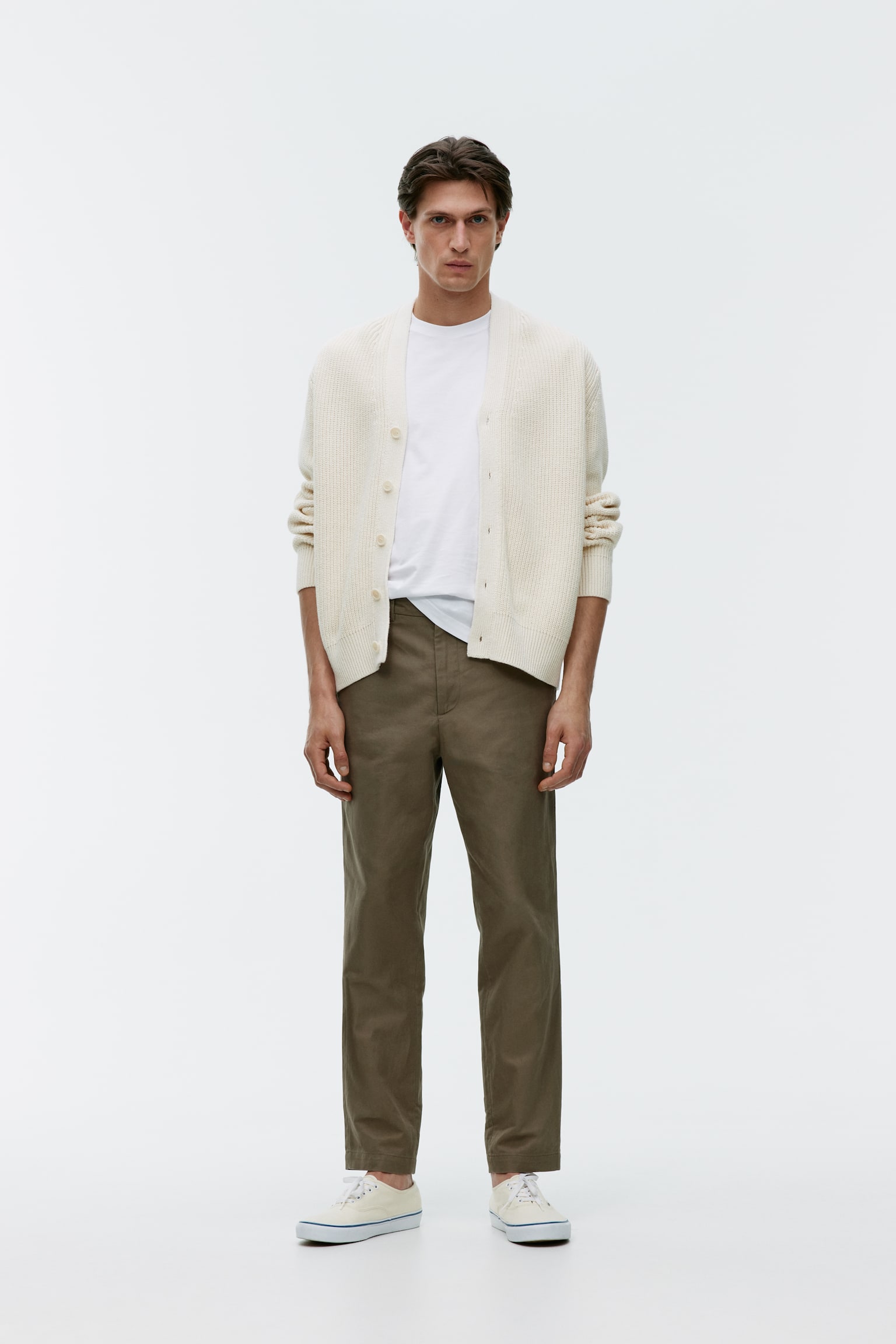 Regular Cropped Cotton-Linen Trousers - Khaki Green/Off-White - 1