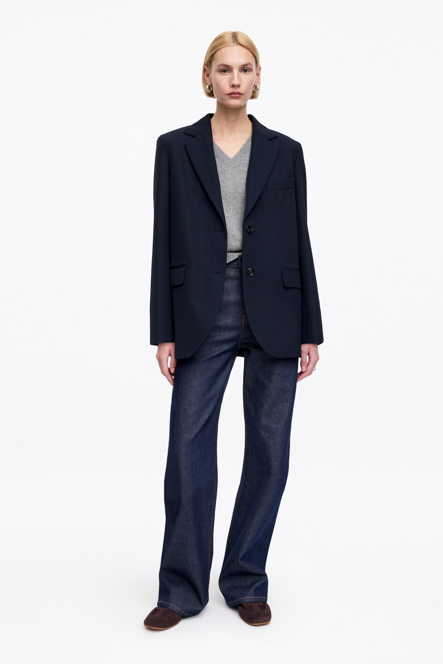 V-ringad tröja i ull och bomull - Gråmelerad/Brun - 3