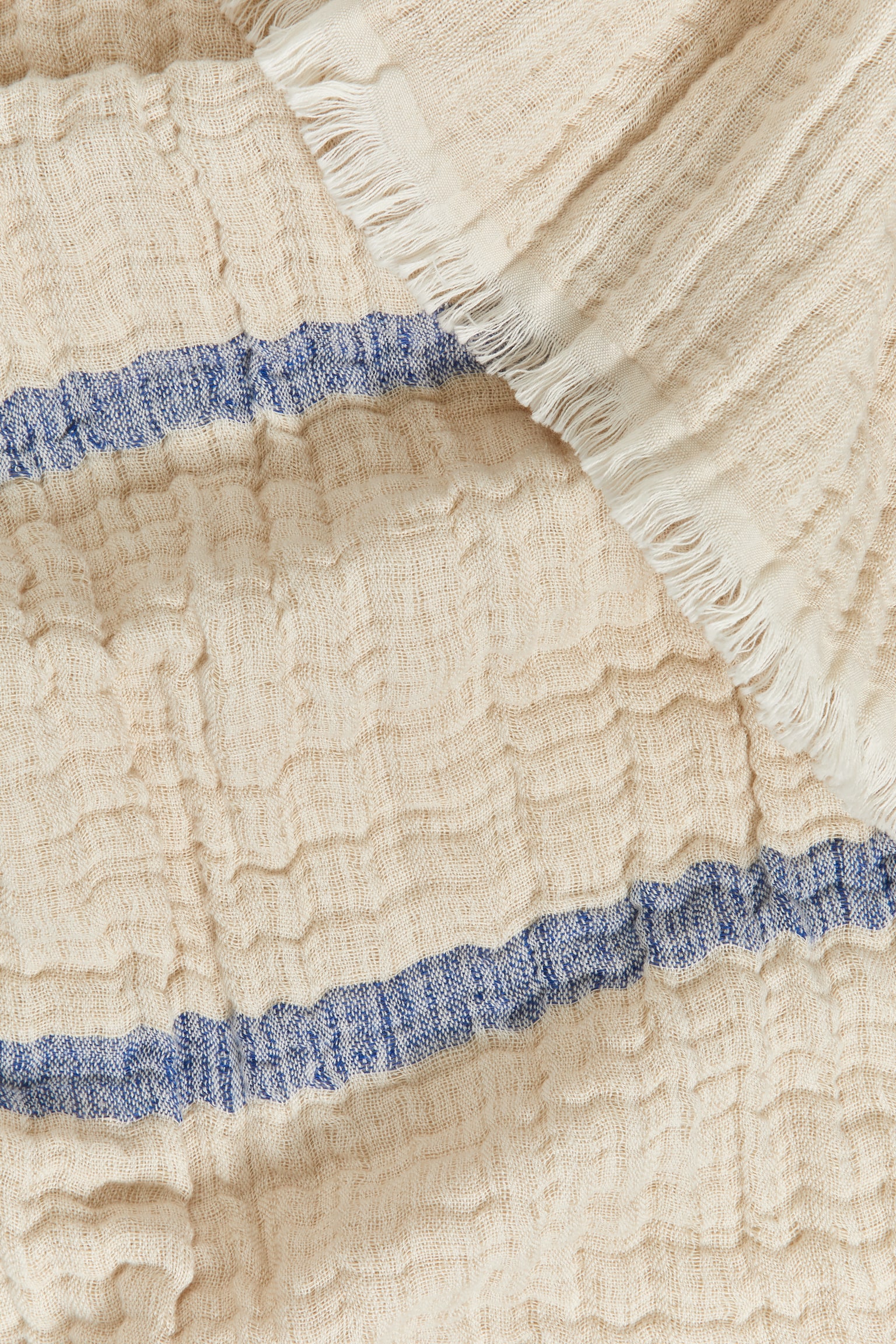 Crinkled Linen Blend Blanket - Beige/Blue/Pink - 2