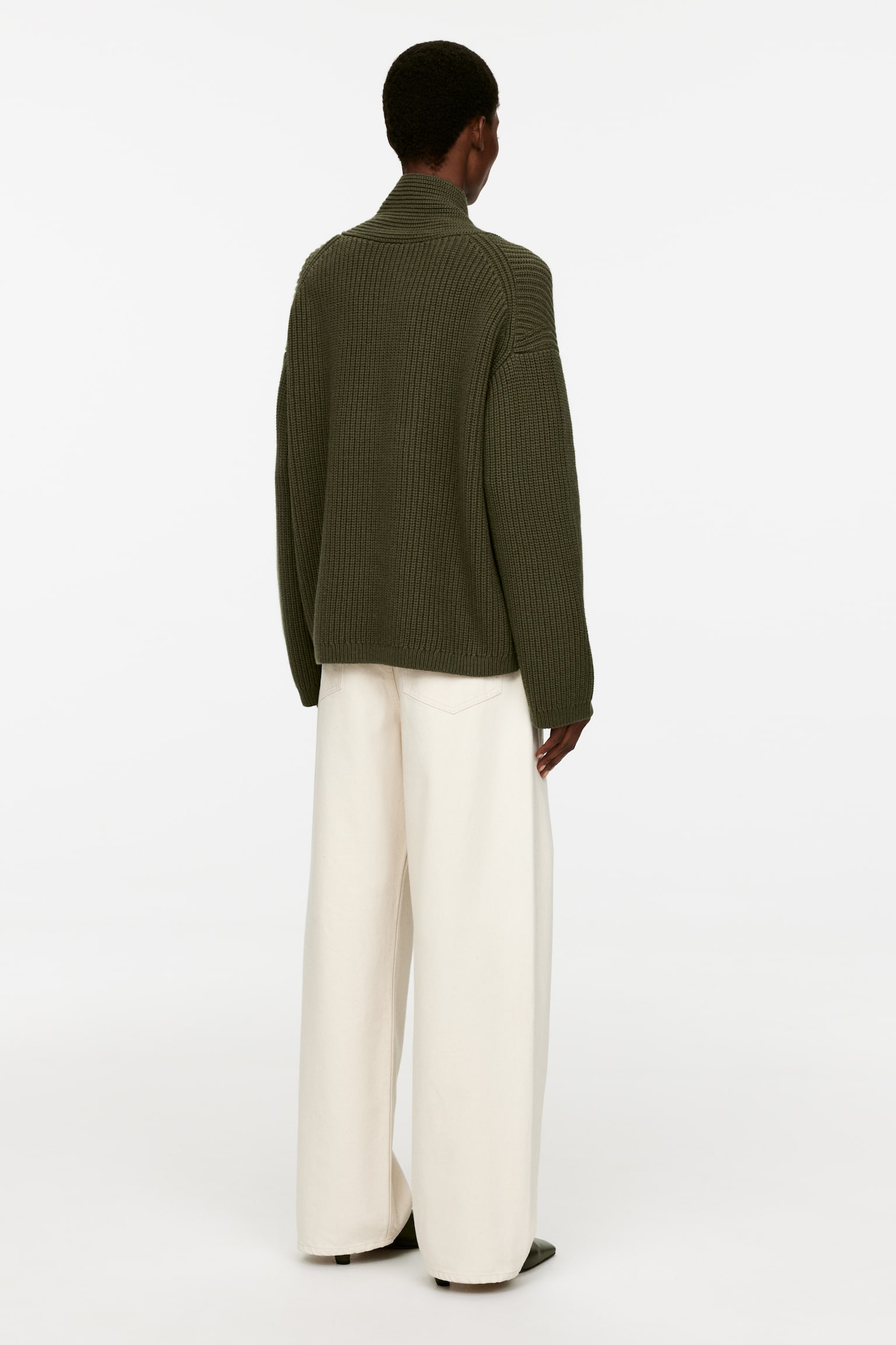 Shawl Collar Jumper - Khaki Green/Off White - 3