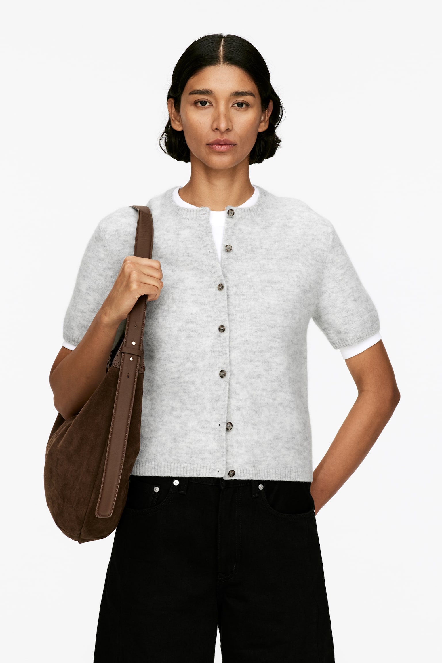 Vest van een mix van alpaca en wol - Grijs gemêleerd/Donkerblauw - 1