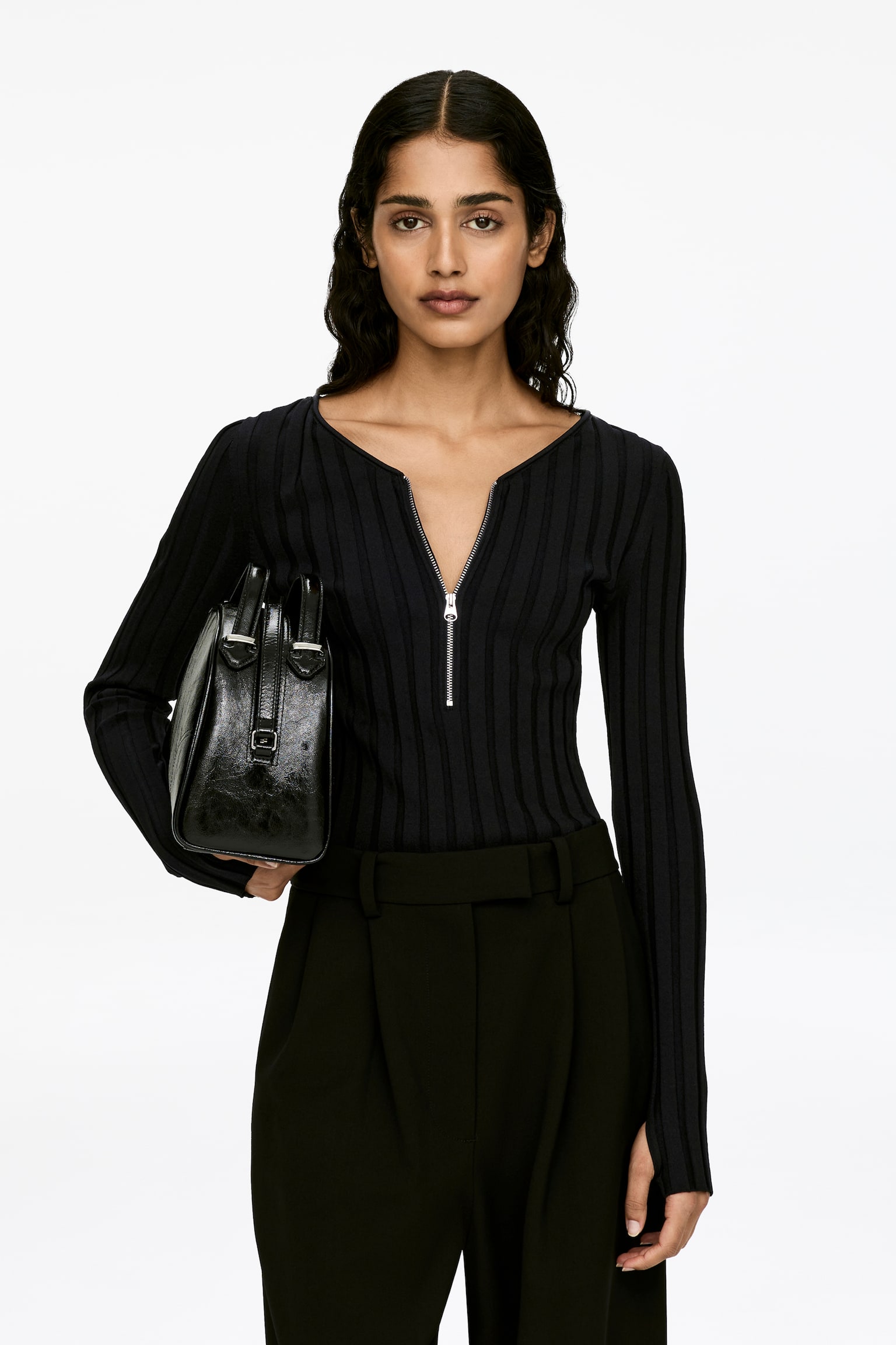 Geribbelde trui met halve rits - Zwart - 1