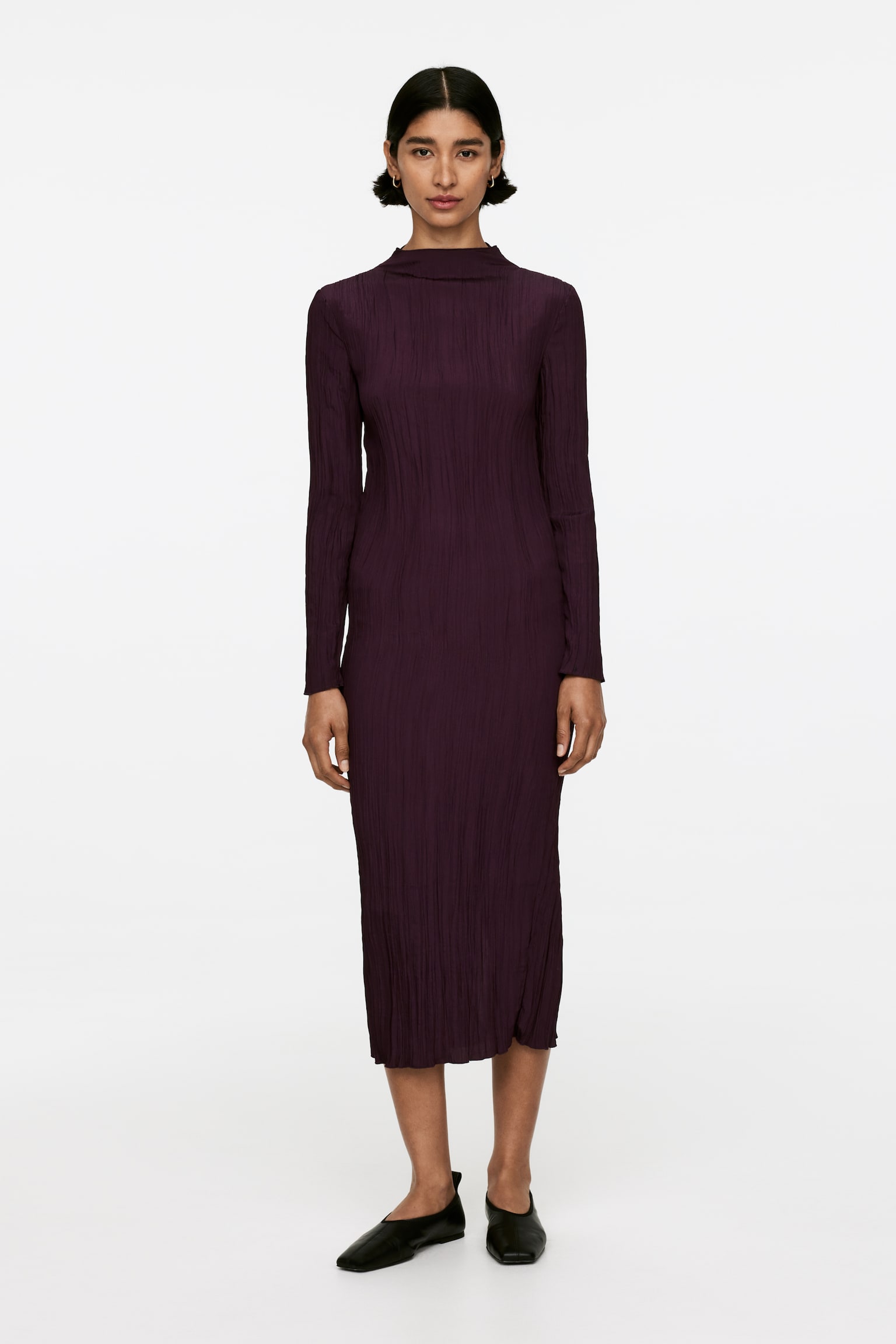 Mock-Neck Plissé Dress - Burgundy - 1