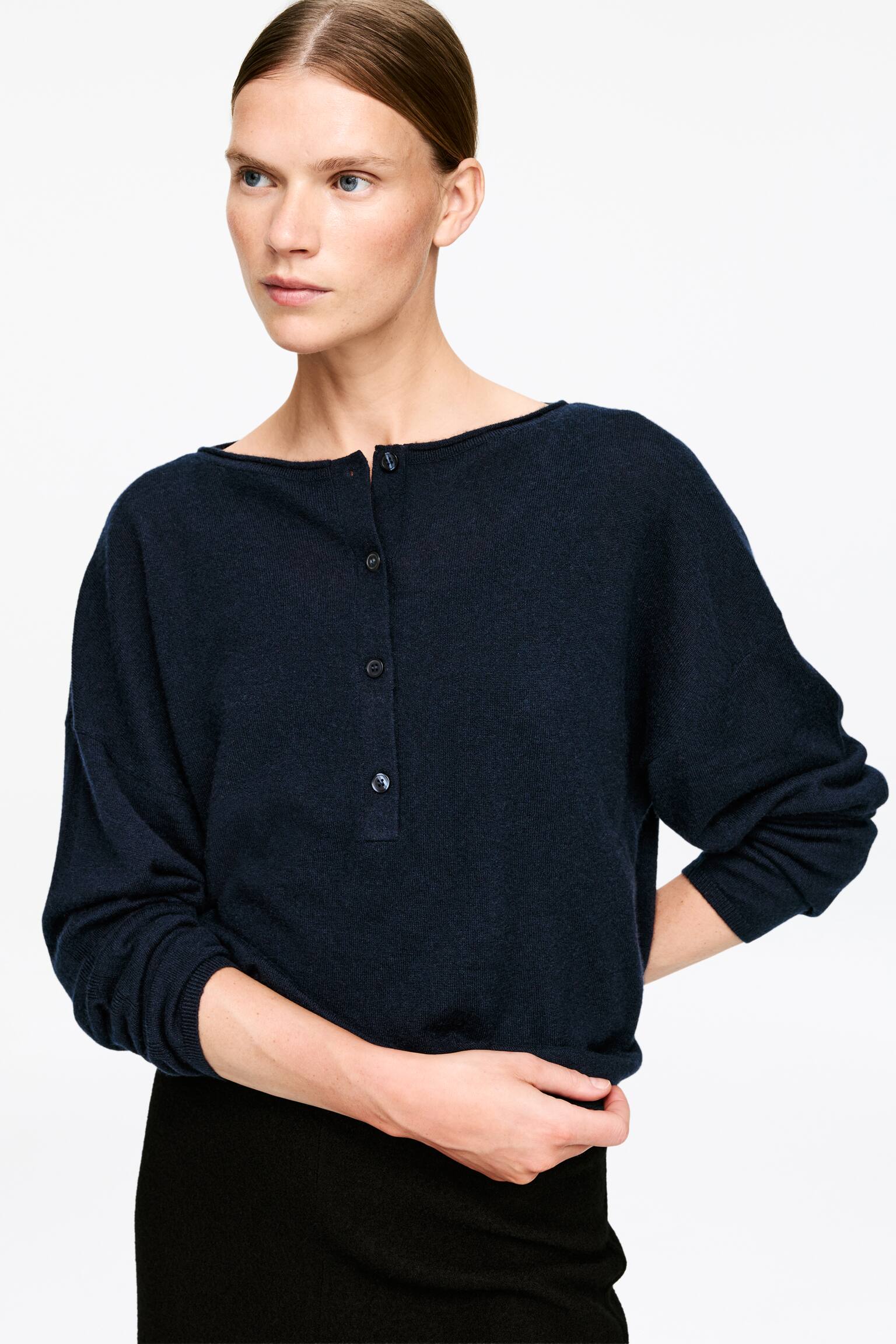 Maglione con scollo a barchetta in puro cashmere - Blu scuro/Grigio - 4