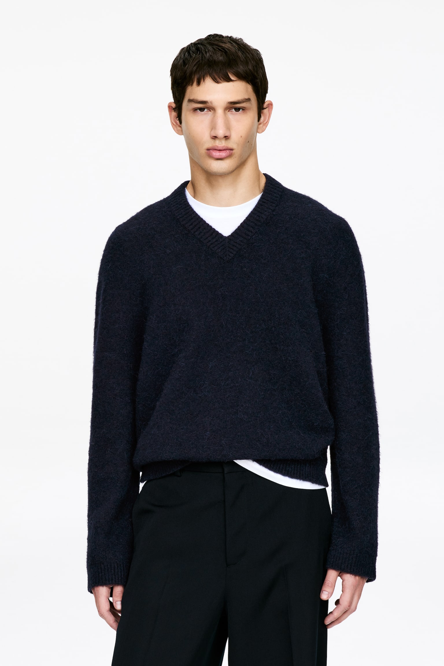 Pulover Relaxat din Amestec de Lână și Alpaca - Albastru Închis/Verde/Albastru închis - 1