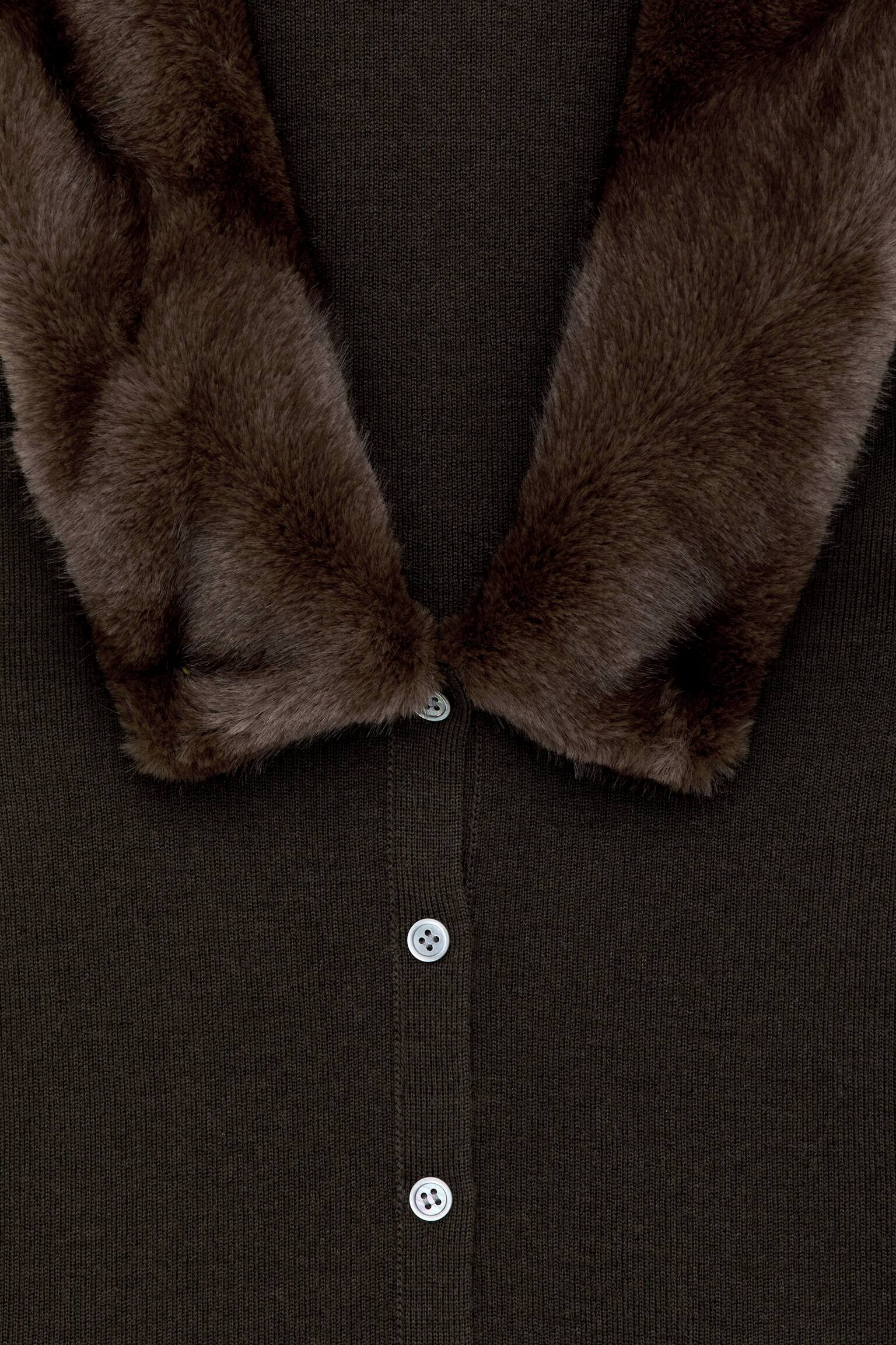 Faux Fur Collar Cardigan - Mörkbrun - 6